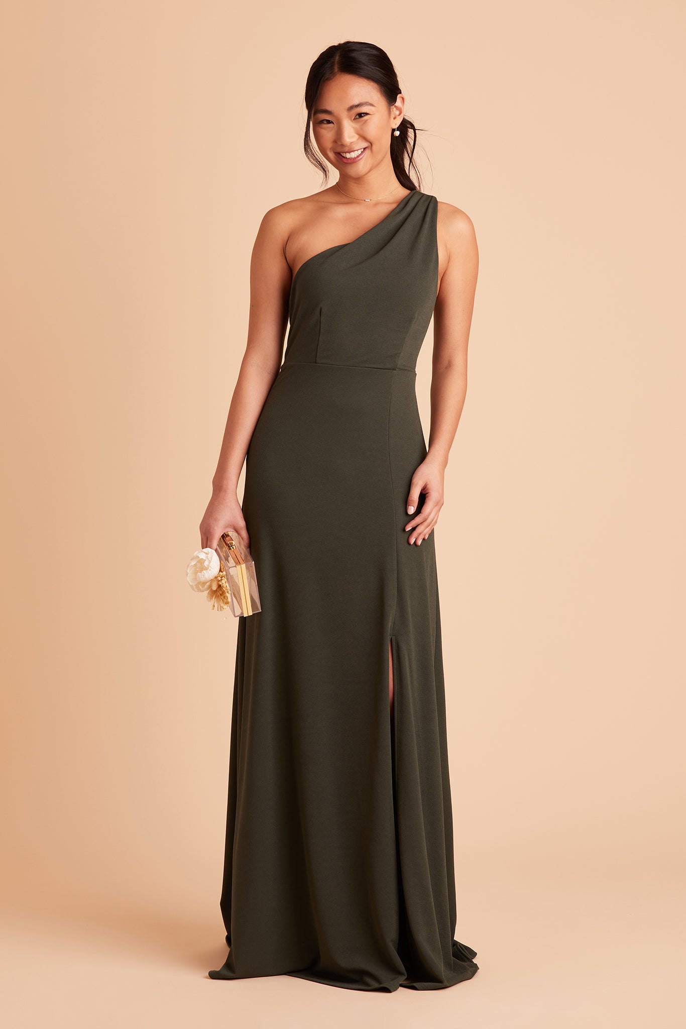 Kira bridesmaid dress with slit in olive crepe by Birdy Grey, front view