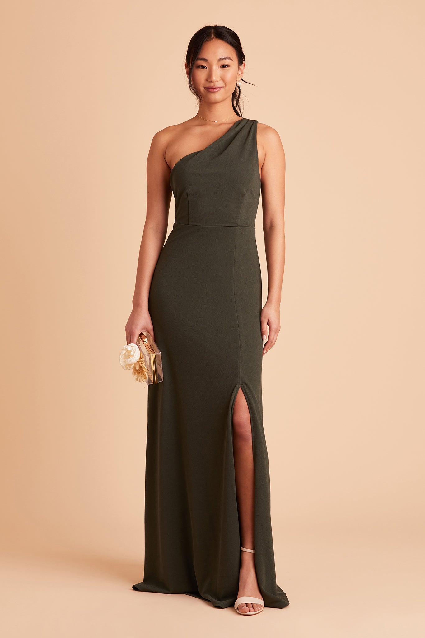 Kira bridesmaid dress with slit in olive crepe by Birdy Grey, front view