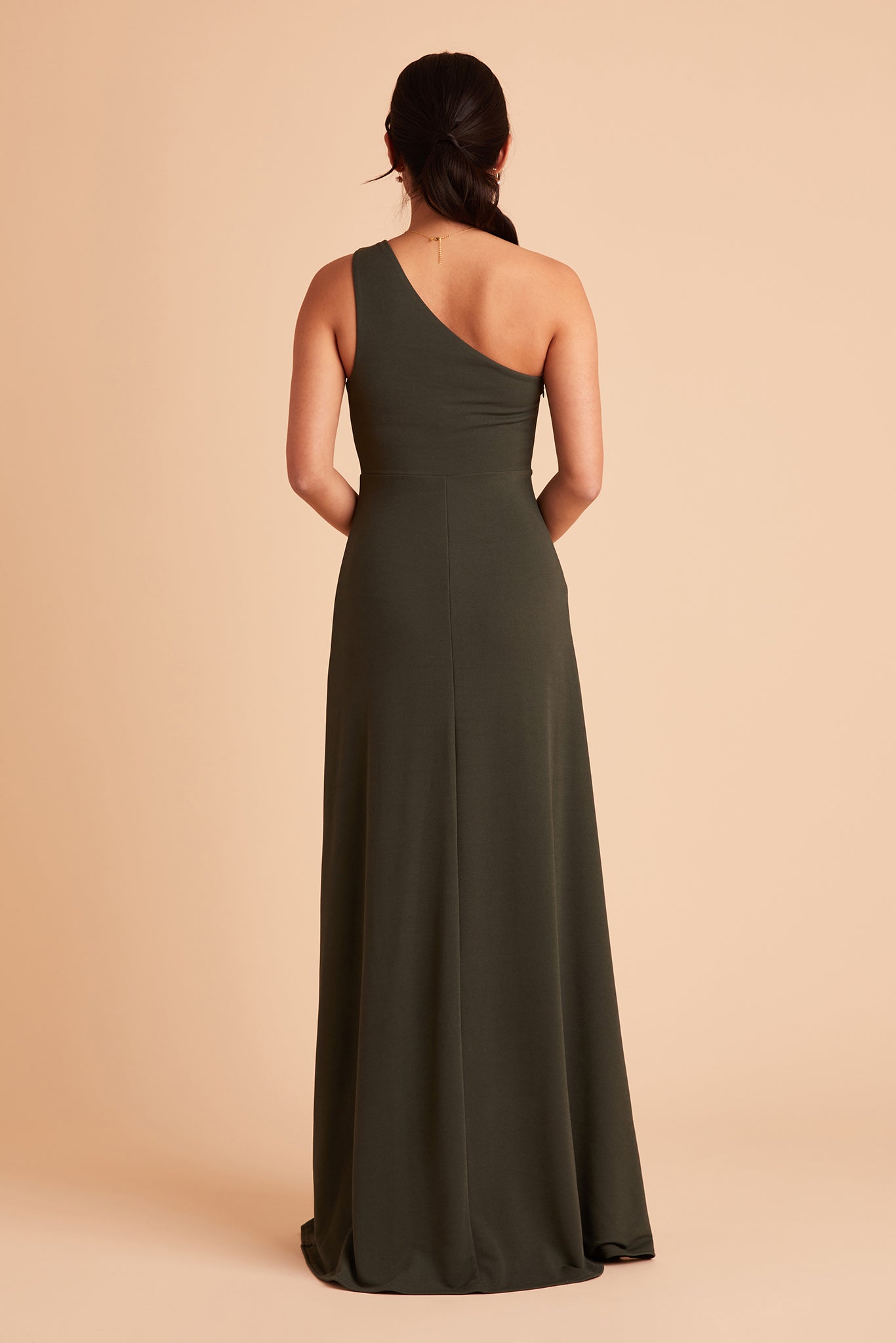 Kira bridesmaid dress with slit in olive crepe by Birdy Grey, back view