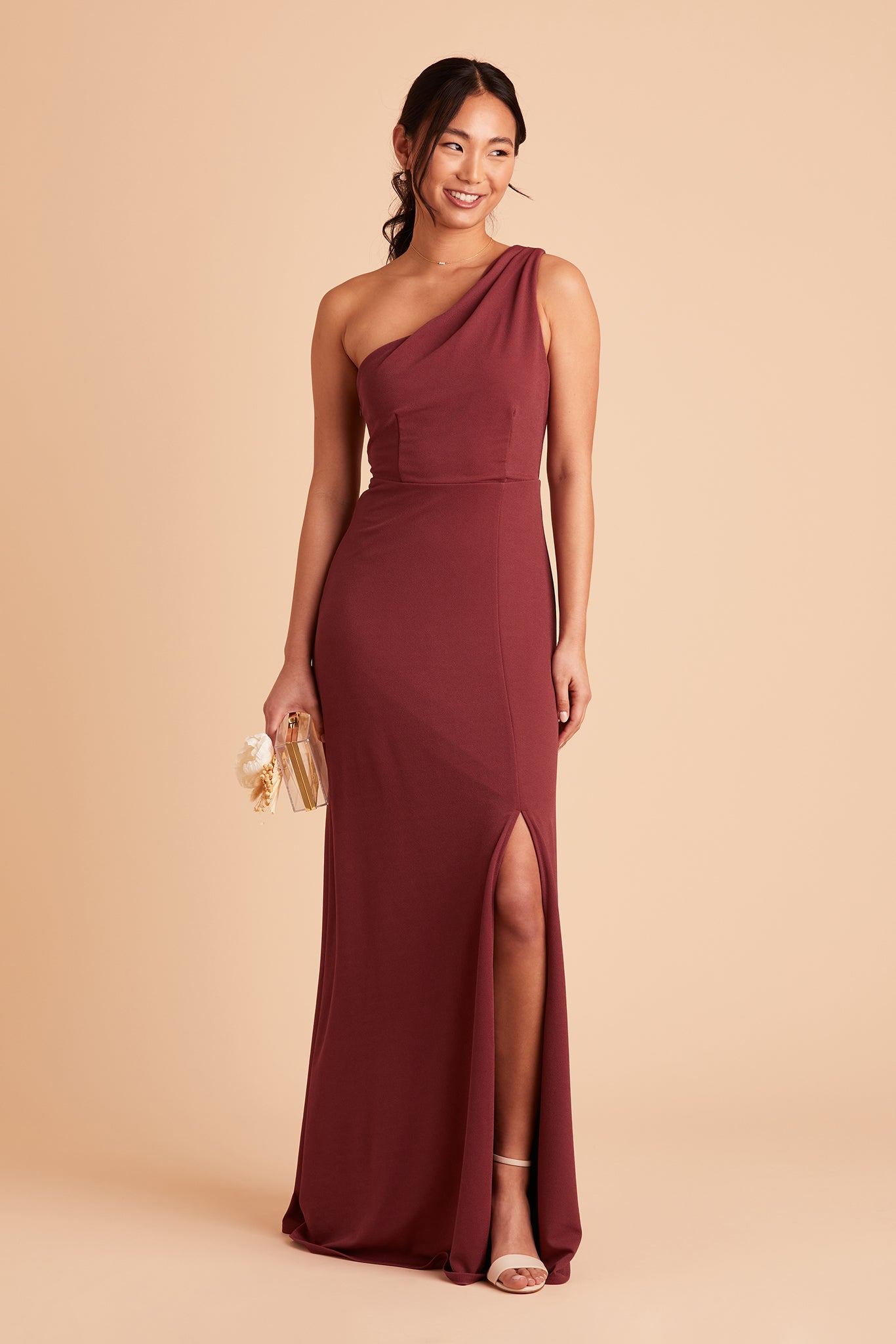 Kira bridesmaid dress with slit in rosewood crepe by Birdy Grey, front view
