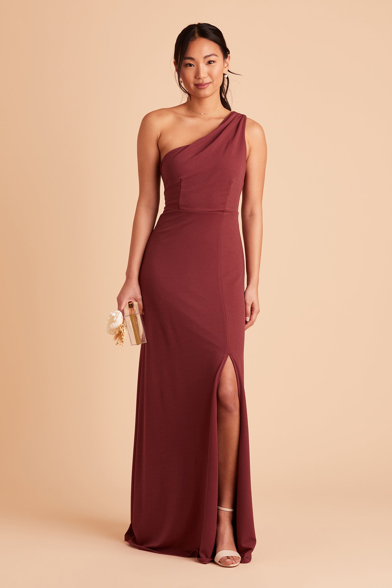 Kira bridesmaid dress with slit in rosewood crepe by Birdy Grey, front view