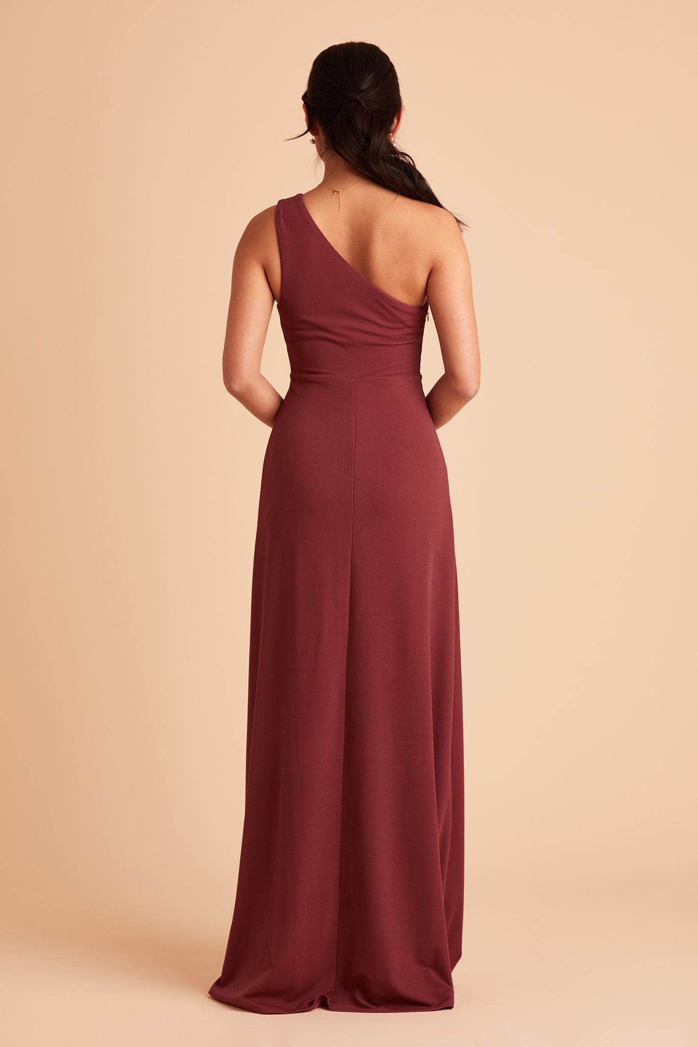 Kira bridesmaid dress with slit in rosewood crepe by Birdy Grey, back view
