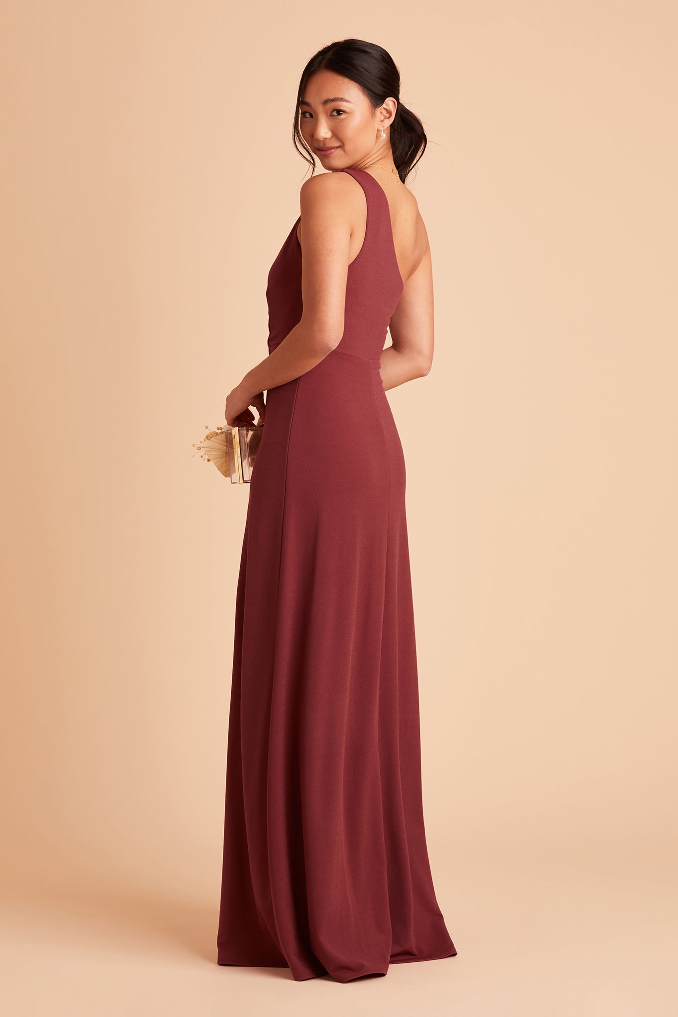 Kira bridesmaid dress with slit in rosewood crepe by Birdy Grey, side view