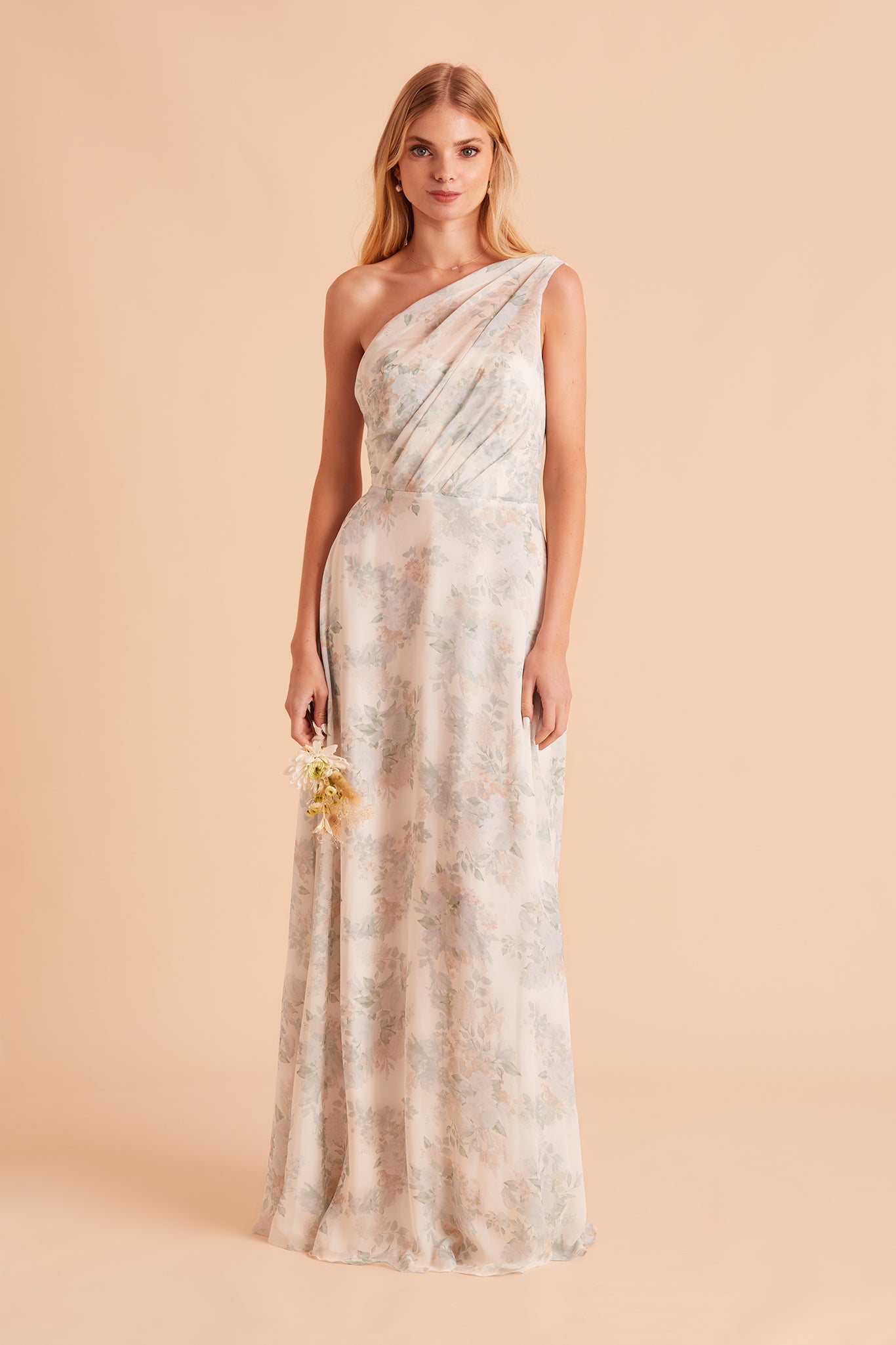 Kira bridesmaid dress in sage bouquet floral print chiffon by Birdy Grey, front view