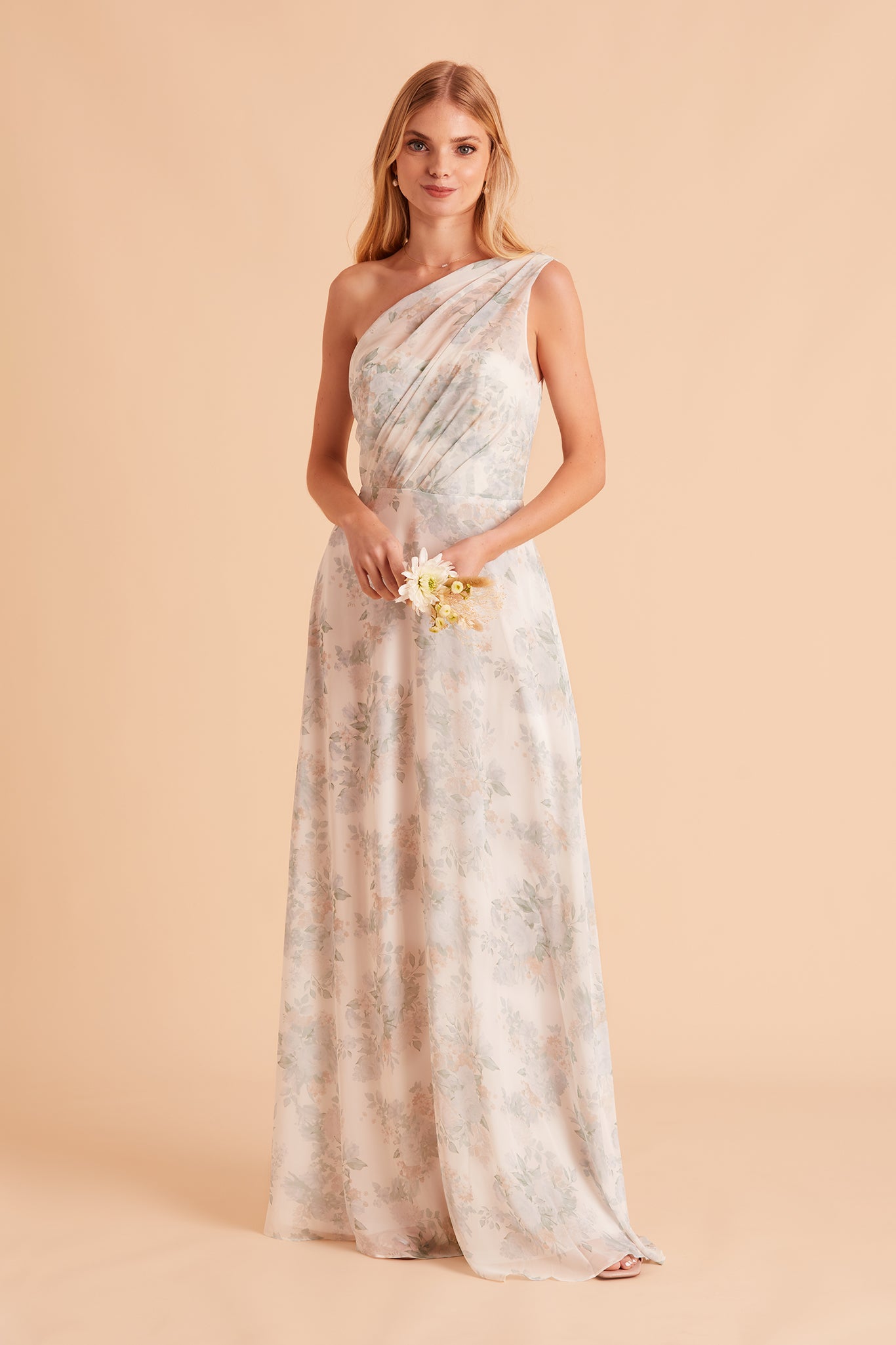 Kira bridesmaid dress in sage bouquet floral print chiffon by Birdy Grey, front view