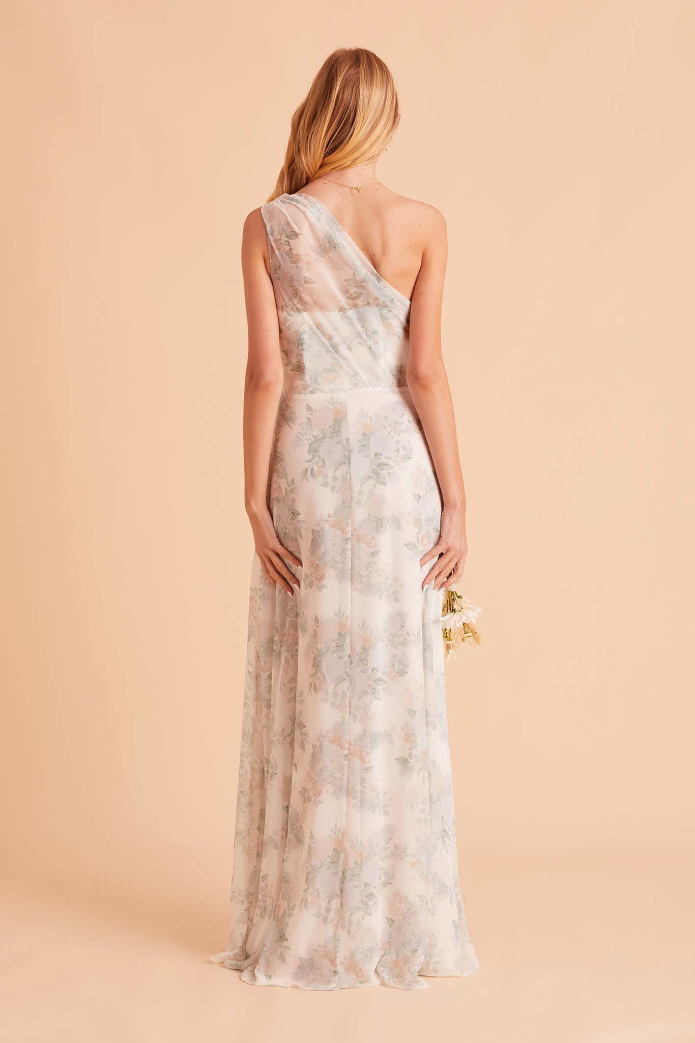 Kira bridesmaid dress in sage bouquet floral print chiffon by Birdy Grey, back view