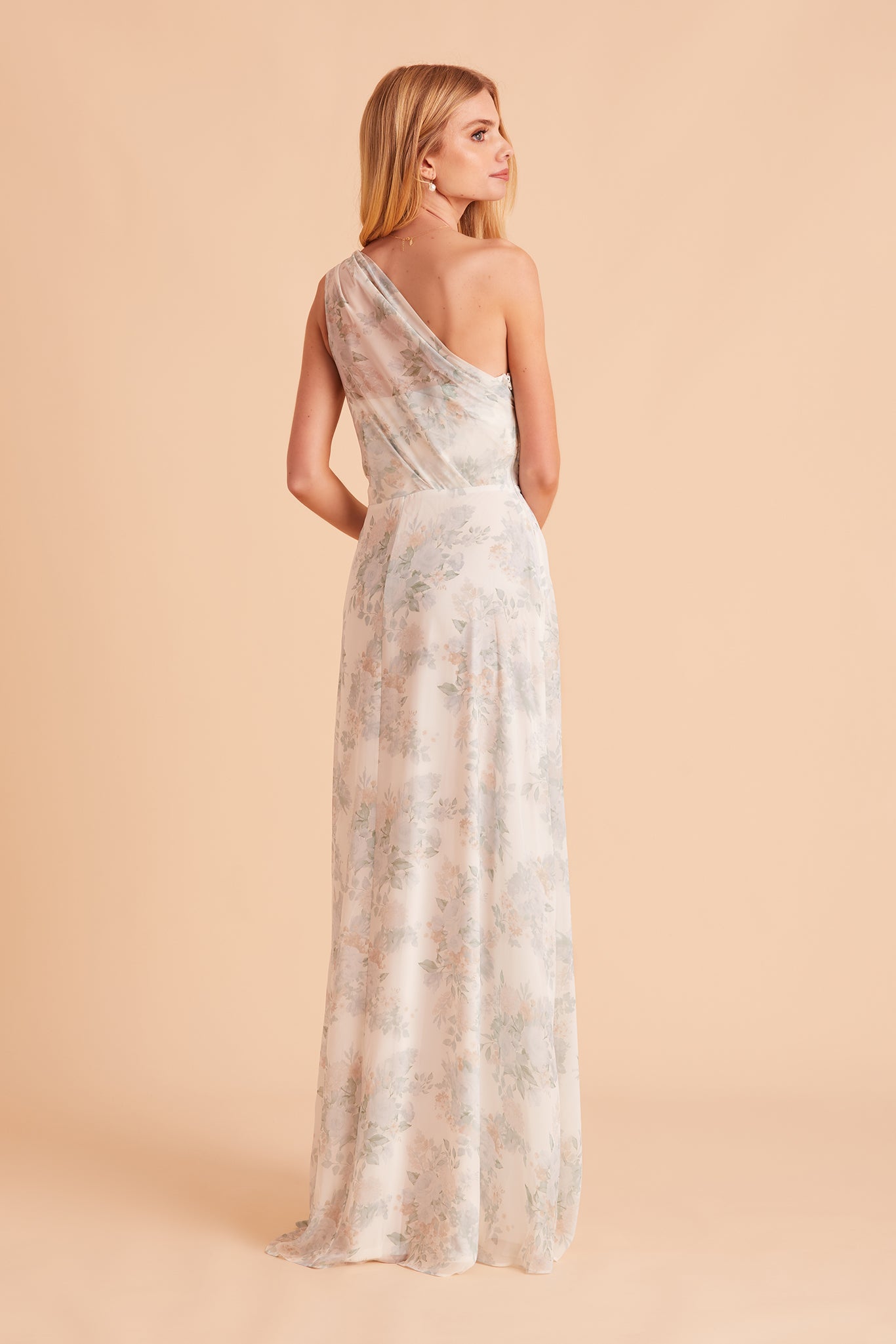 Kira bridesmaid dress in sage bouquet floral print chiffon by Birdy Grey, back view