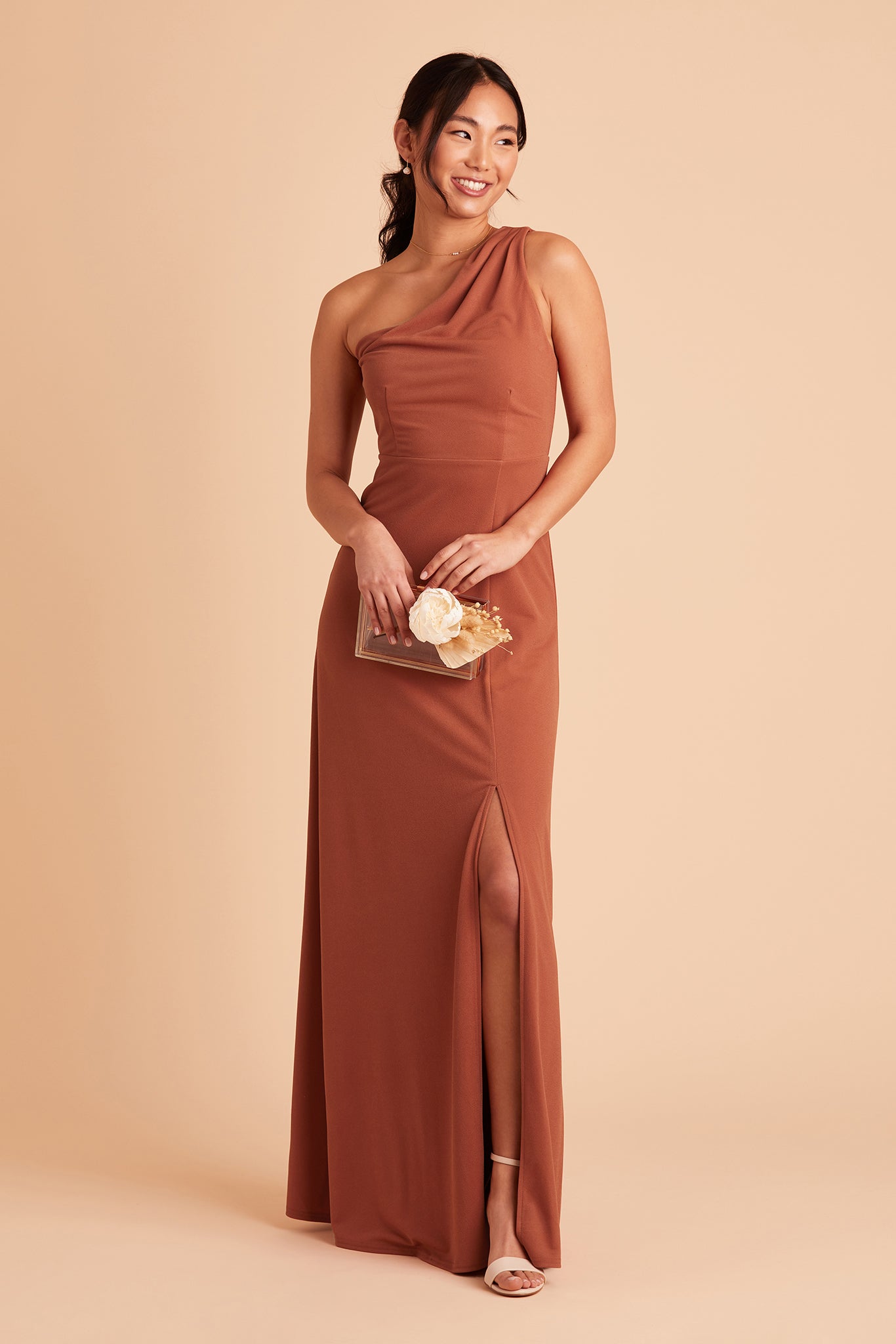 Kira bridesmaid dress with slit in terracotta crepe by Birdy Grey, front view