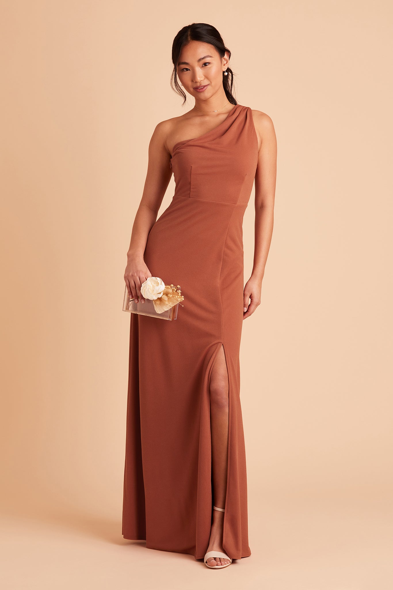 Kira bridesmaid dress with slit in terracotta crepe by Birdy Grey, front view