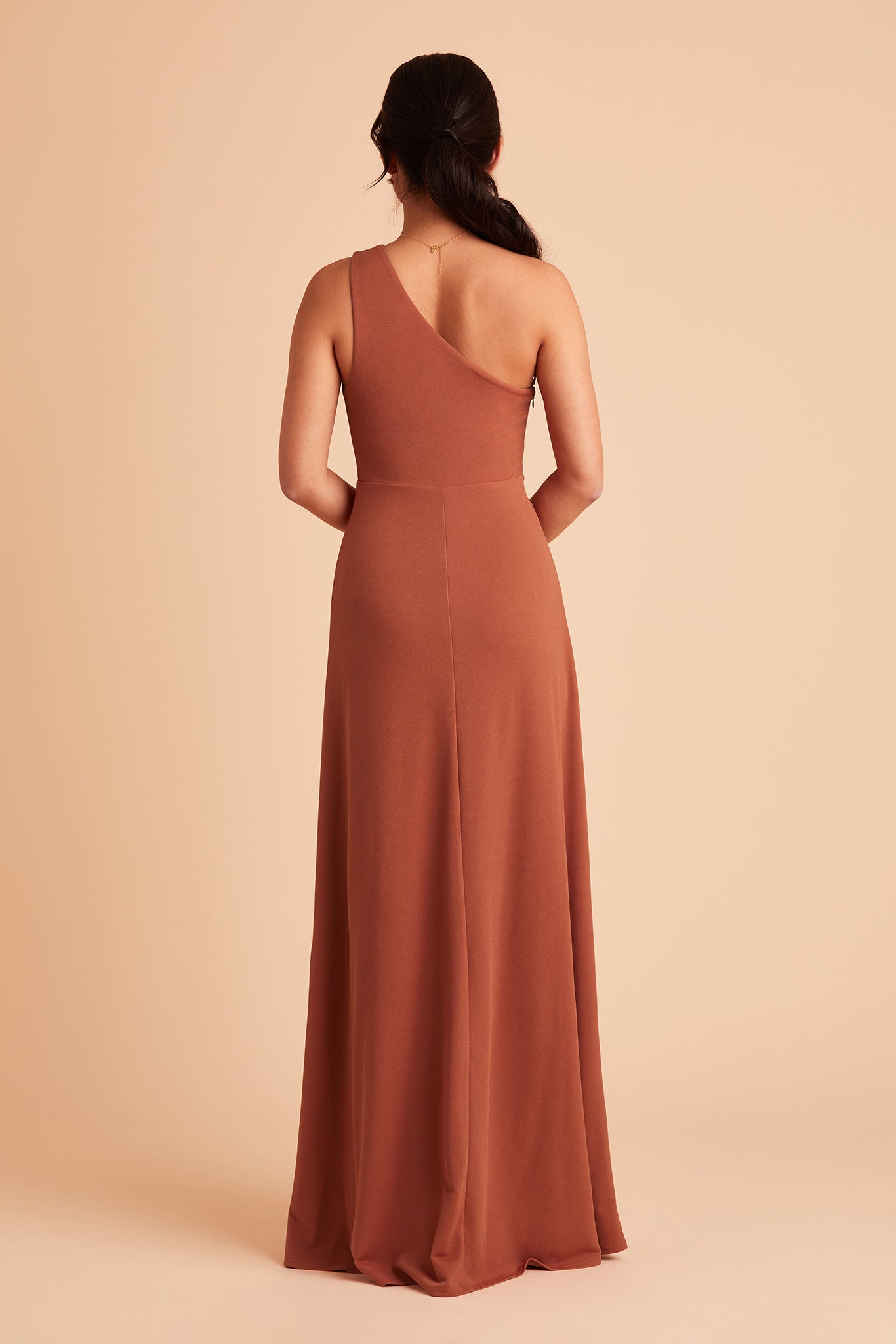 Kira bridesmaid dress with slit in terracotta crepe by Birdy Grey, back view