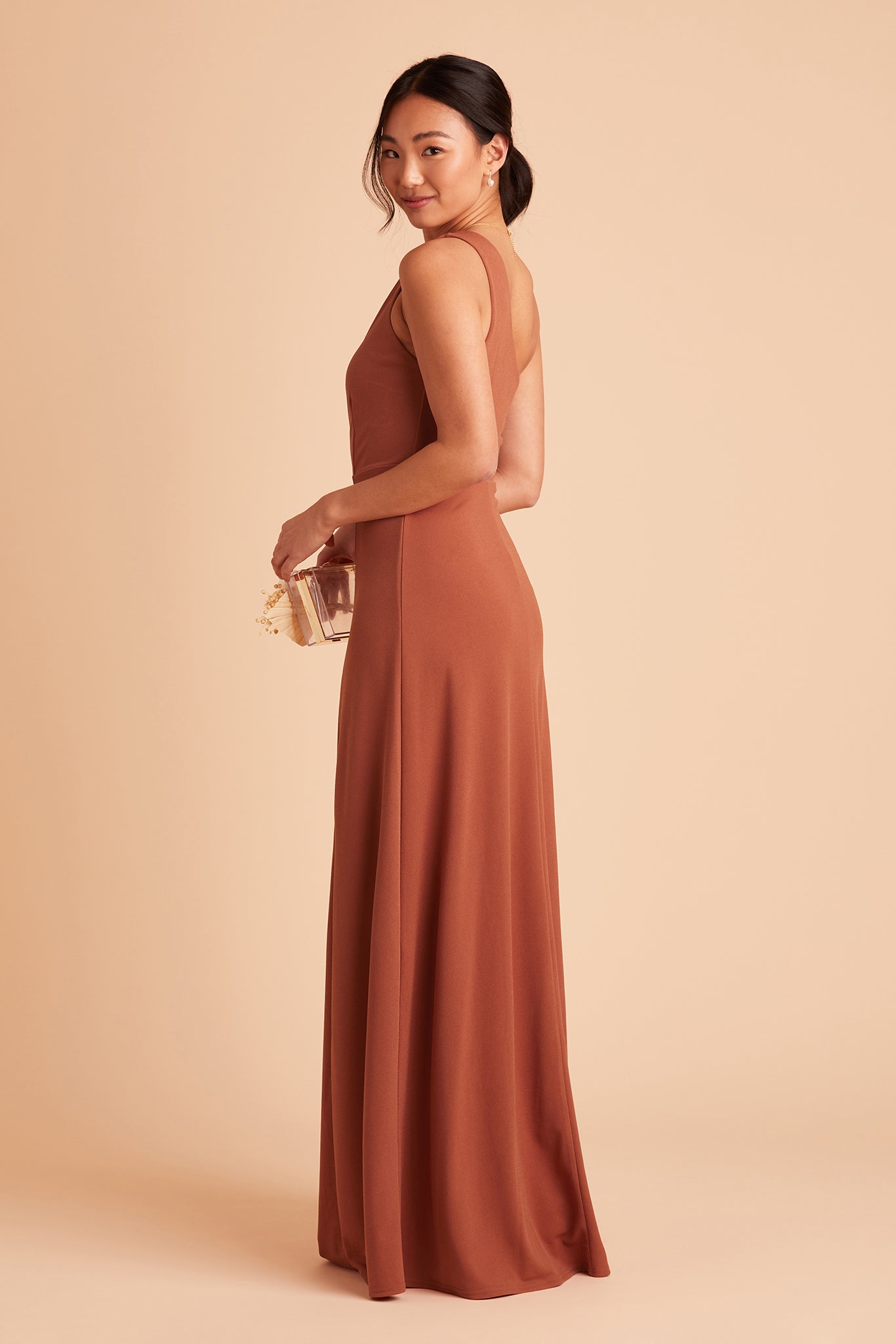 Kira bridesmaid dress with slit in terracotta crepe by Birdy Grey, side view