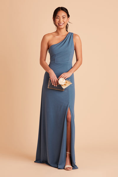 Kira bridesmaid dress with slit in twilight crepe by Birdy Grey, front view