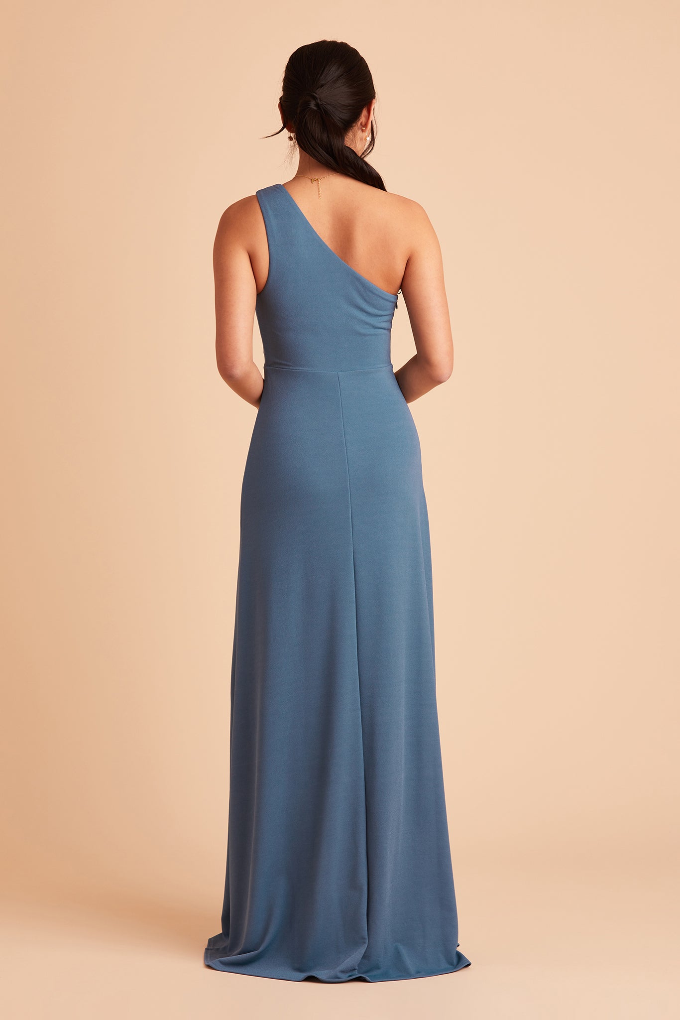 Kira bridesmaid dress with slit in twilight crepe by Birdy Grey, back view