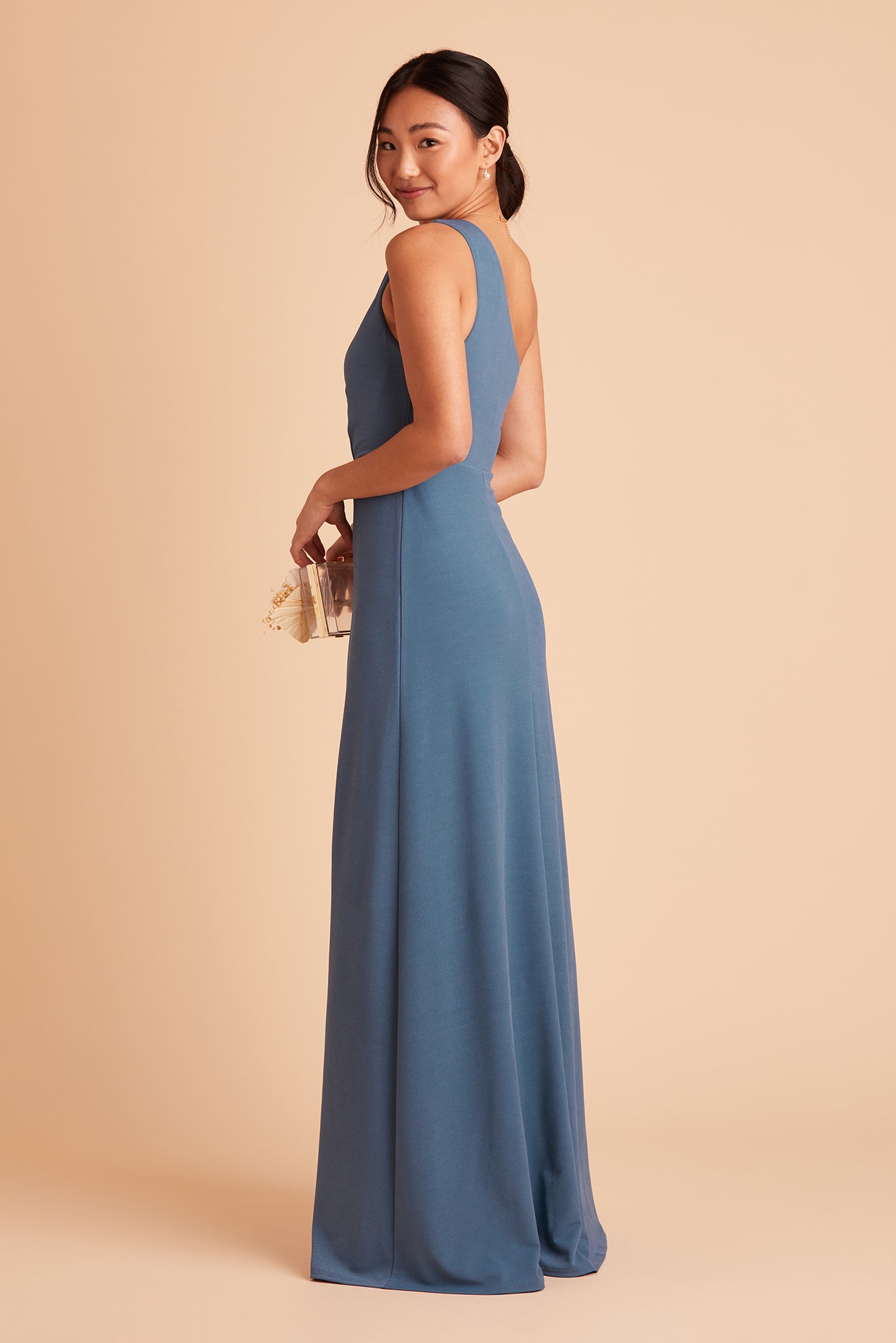 Kira bridesmaid dress with slit in twilight crepe by Birdy Grey, side view