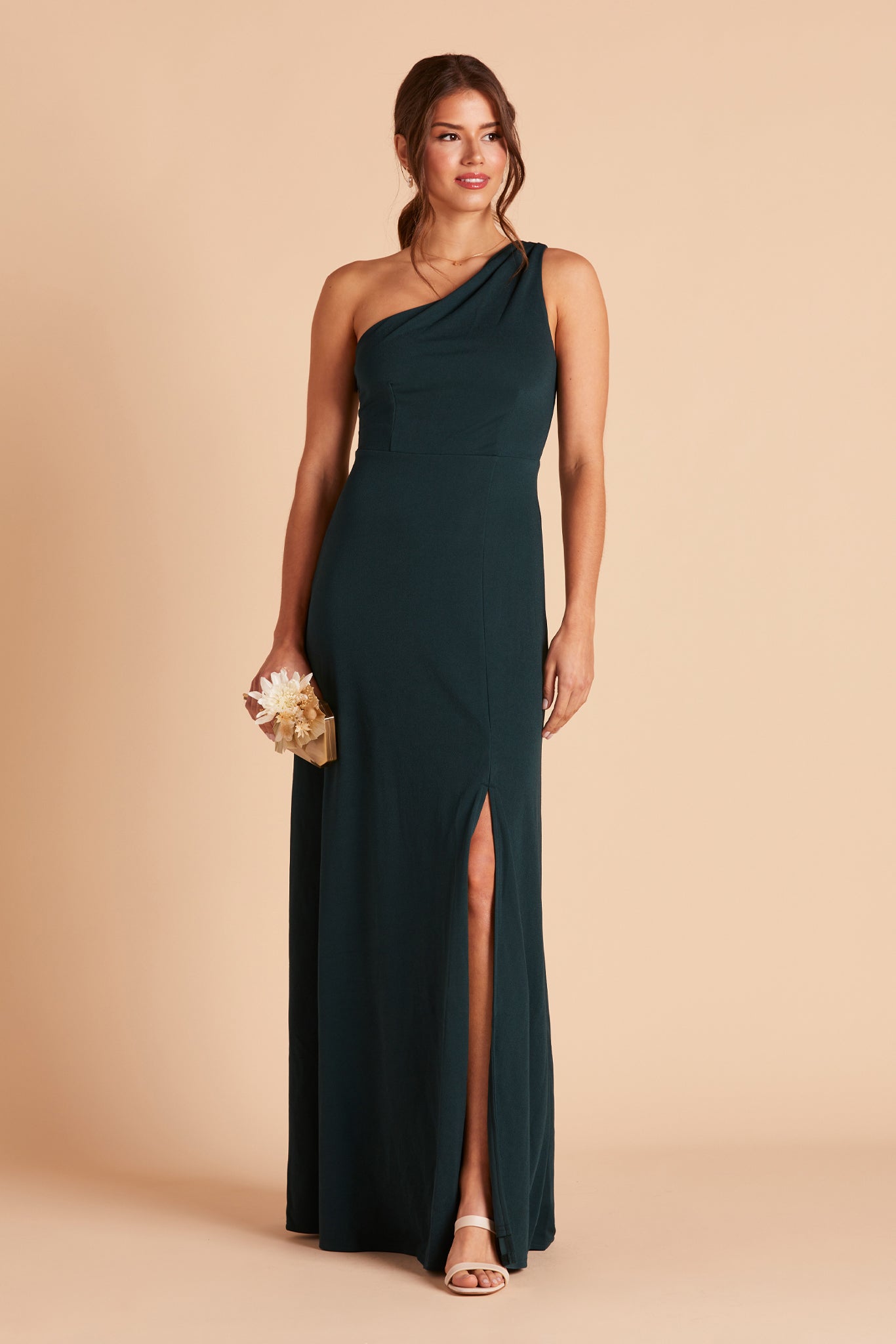 Kira bridesmaid dress with slit in emerald green crepe by Birdy Grey, front view