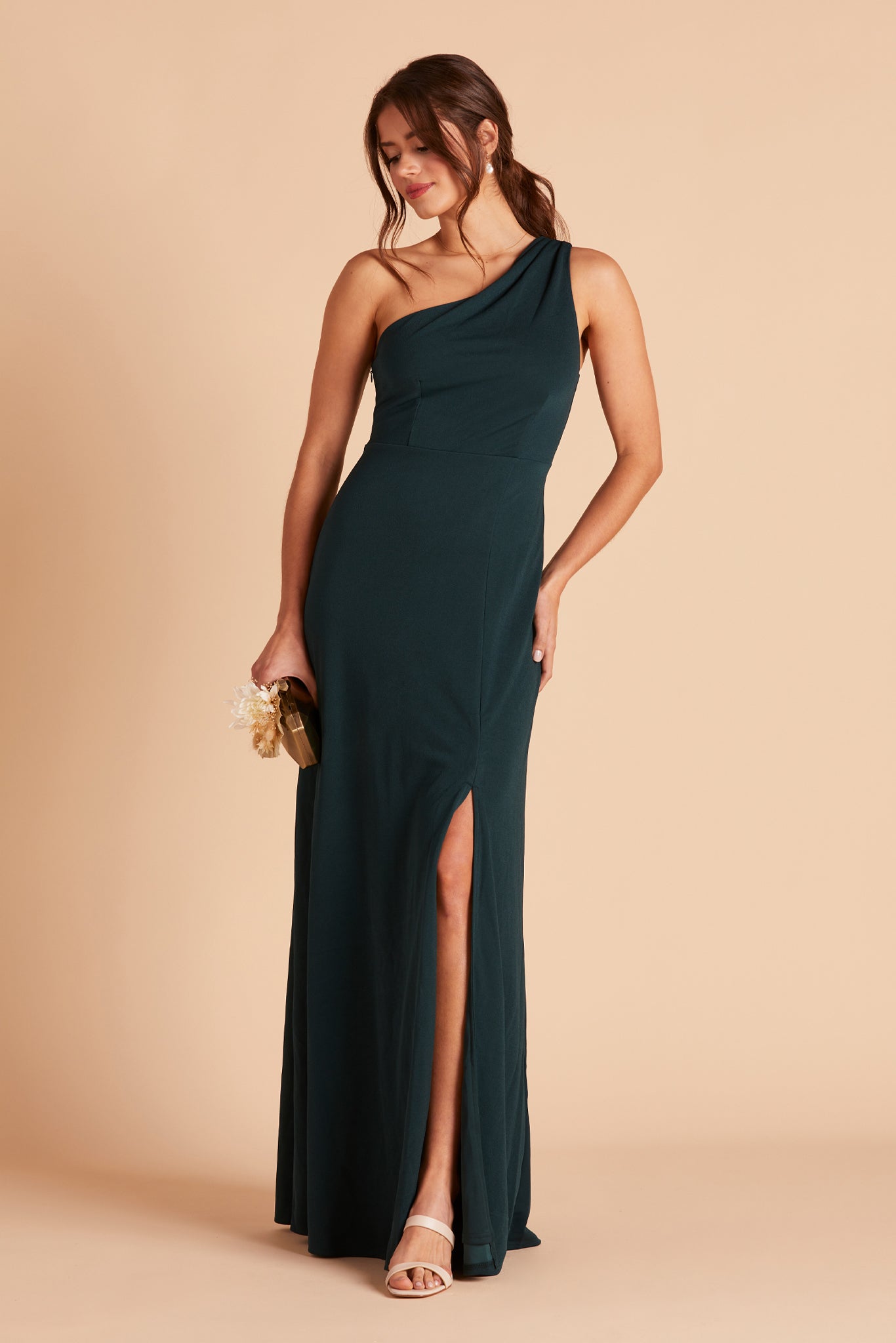 Kira bridesmaid dress with slit in emerald green crepe by Birdy Grey, front view