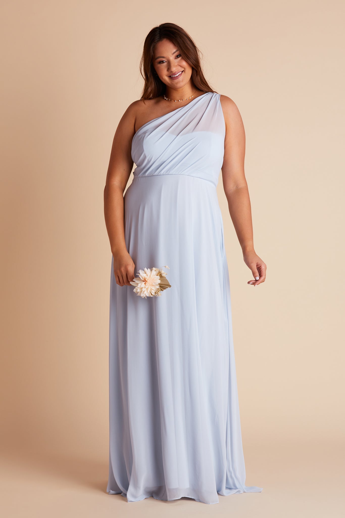 Kira plus size bridesmaids dress in ice blue chiffon by Birdy Grey, front view