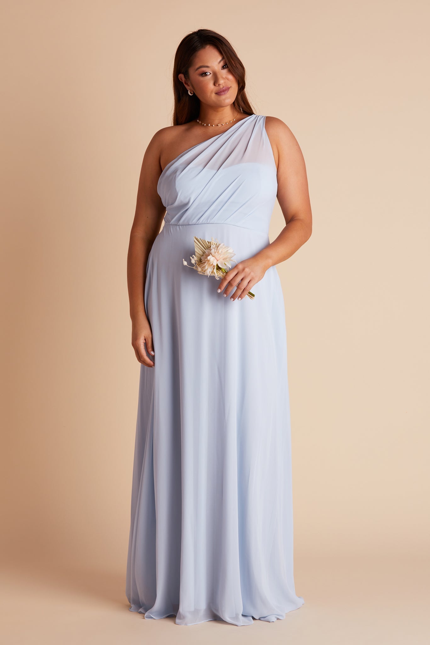 Kira plus size bridesmaids dress in ice blue chiffon by Birdy Grey, front view
