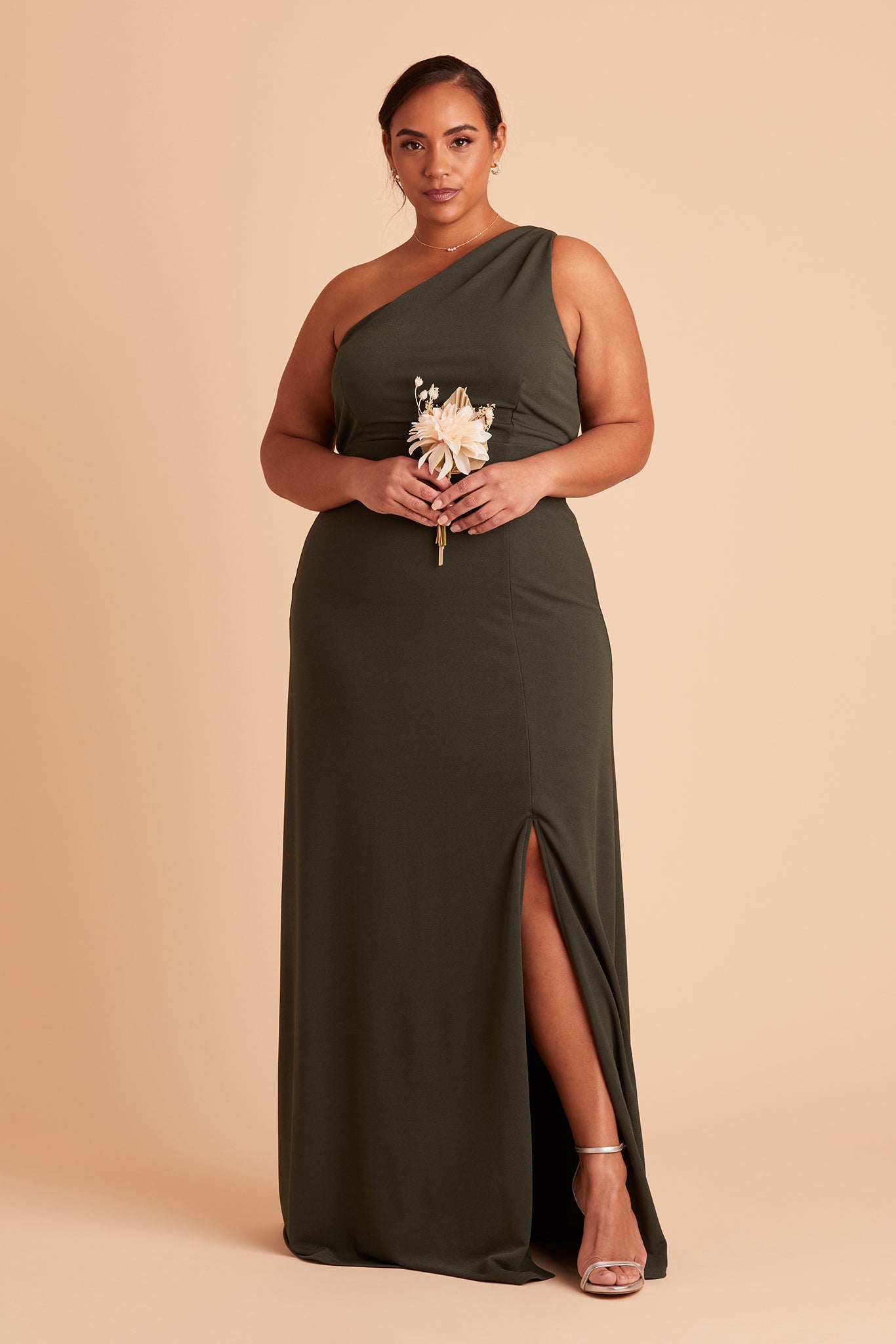 Kira plus size bridesmaid dress with slit in olive crepe by Birdy Grey, front view