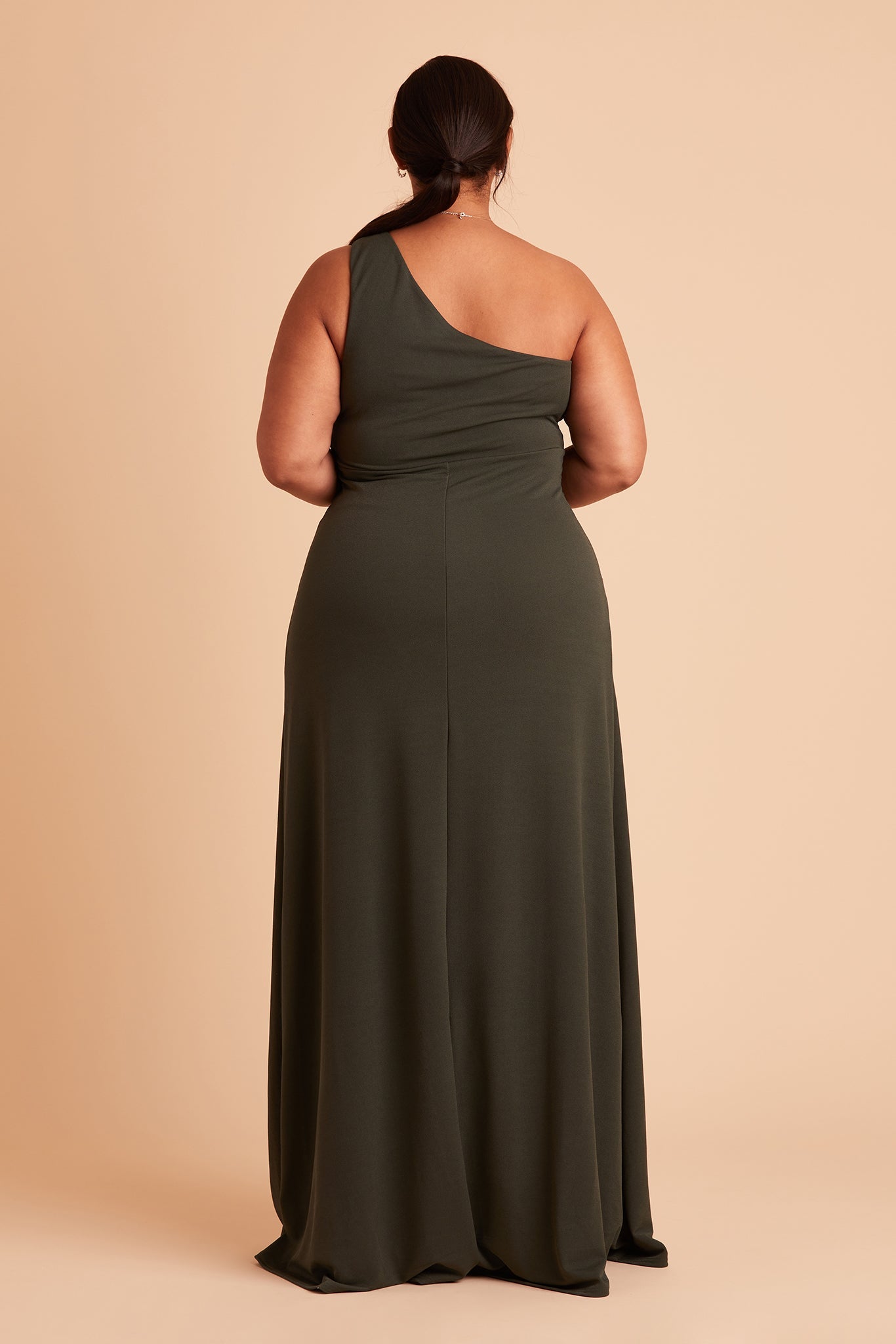 Kira plus size bridesmaid dress with slit in olive crepe by Birdy Grey, back view