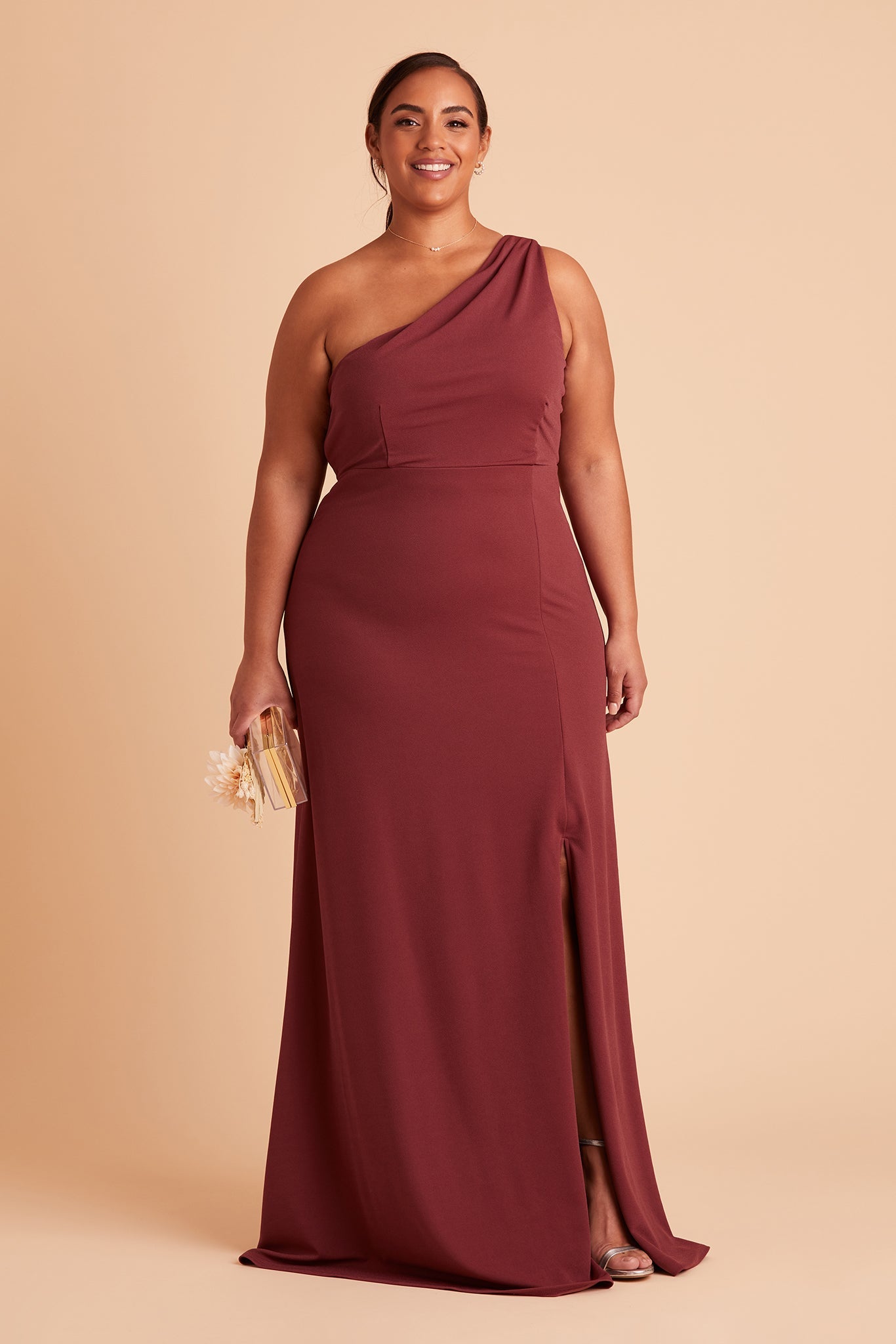 Kira plus size bridesmaid dress with slit in rosewood crepe by Birdy Grey, front view