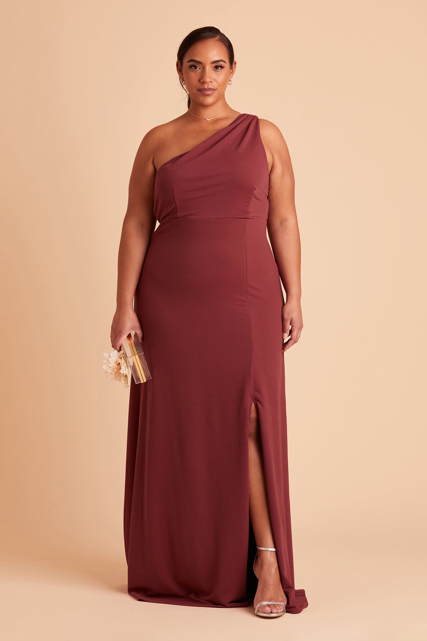 Kira plus size bridesmaid dress with slit in rosewood crepe by Birdy Grey, front view