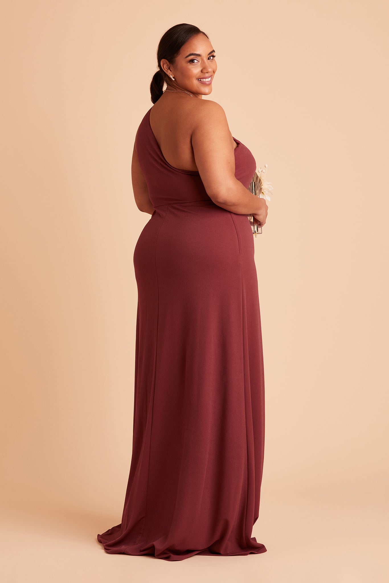 Kira plus size bridesmaid dress with slit in rosewood crepe by Birdy Grey, side view