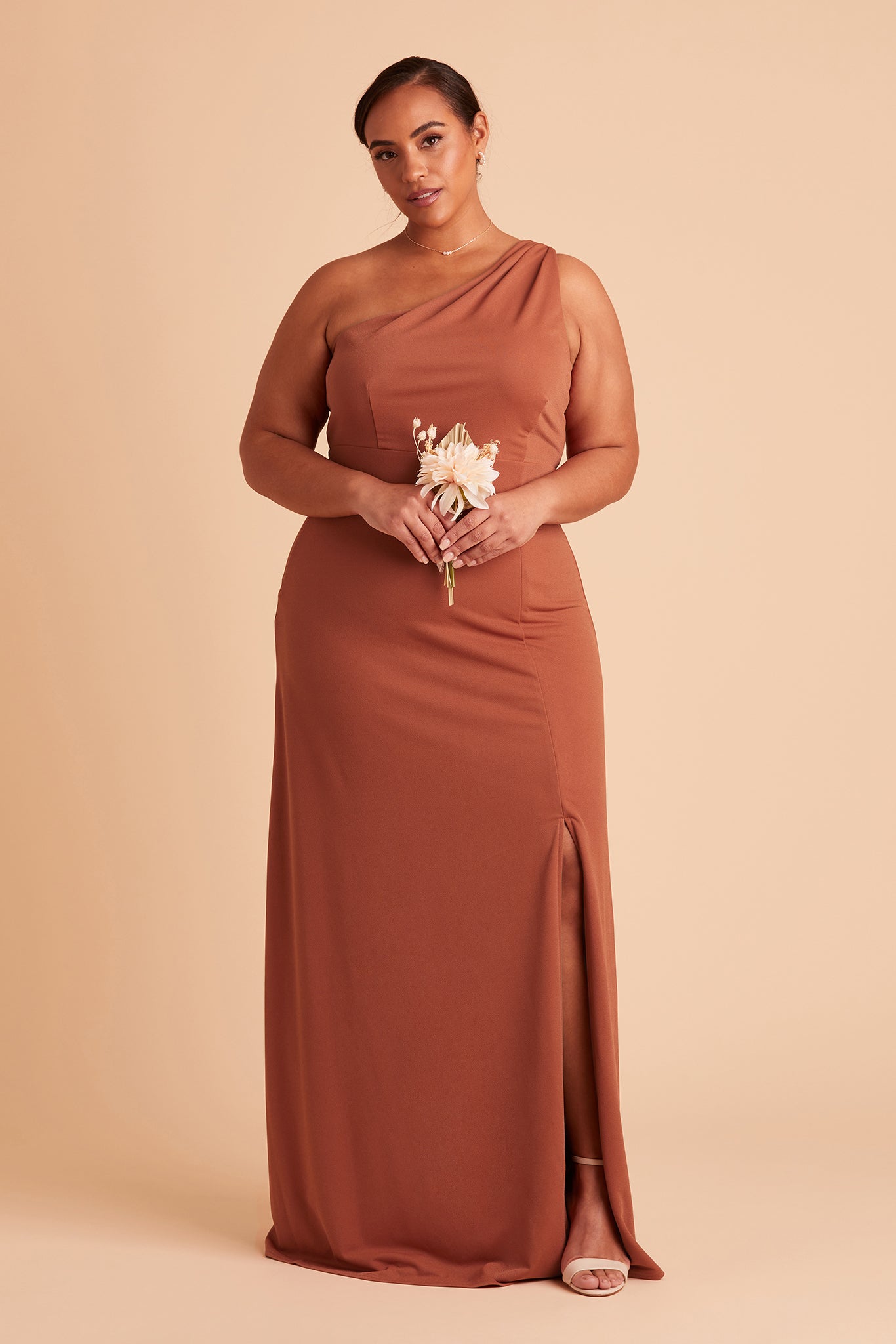 Kira plus size bridesmaid dress with slit in terracotta crepe by Birdy Grey, front view