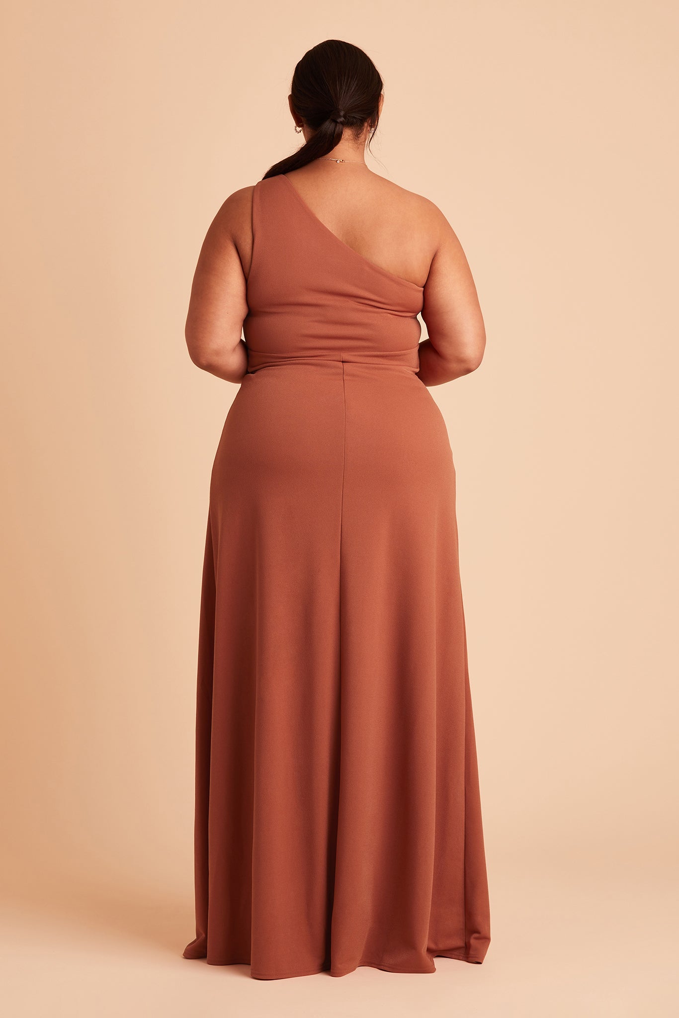 Kira plus size bridesmaid dress with slit in terracotta crepe by Birdy Grey, back view