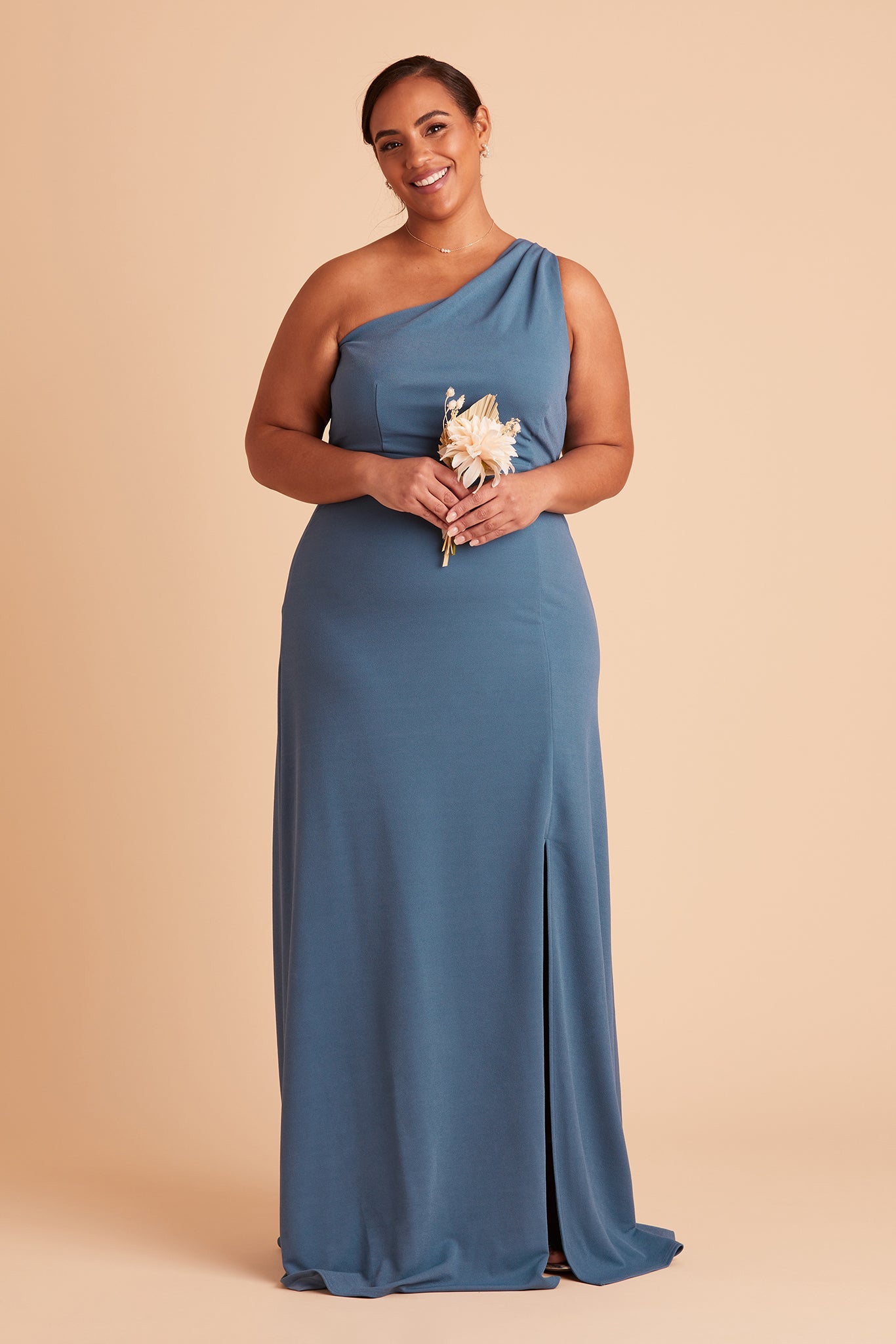 Kira plus size bridesmaid dress with slit in twilight crepe by Birdy Grey, front view
