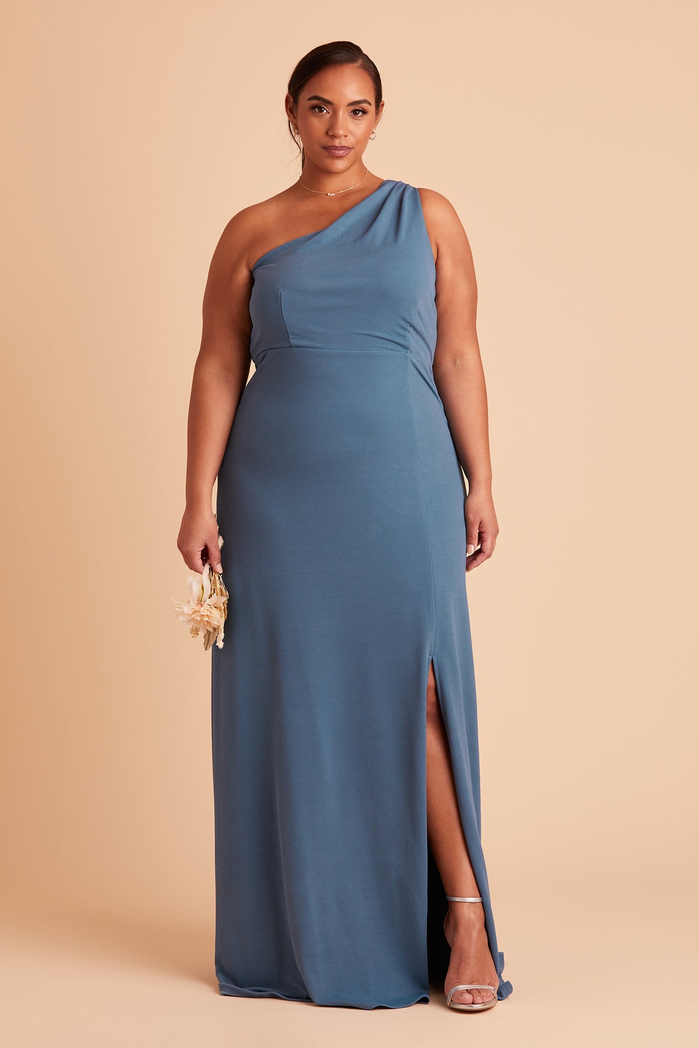Kira plus size bridesmaid dress with slit in twilight crepe by Birdy Grey, front view