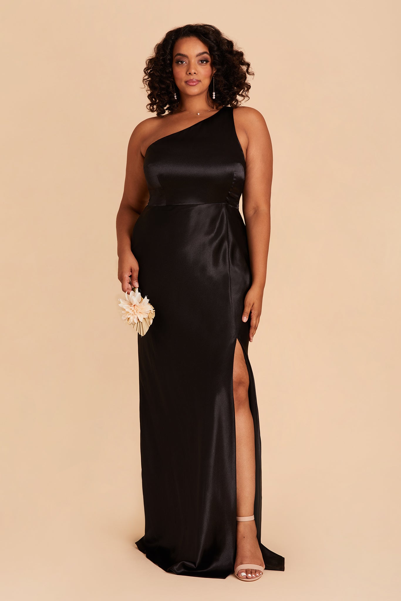 Kira plus size bridesmaid dress with slit in black satin by Birdy Grey, front view