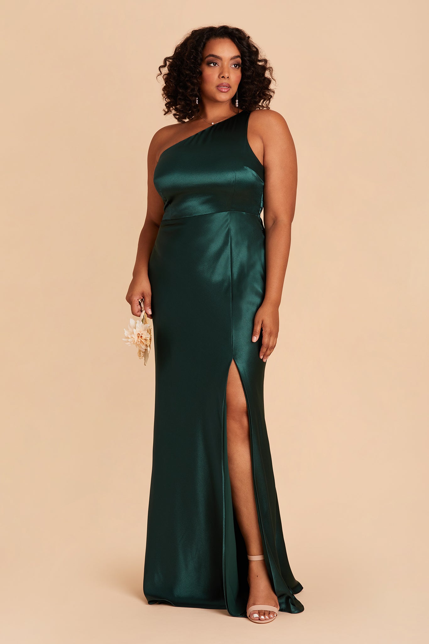 Kira plus size bridesmaid dress with slit in emerald satin by Birdy Grey, front view