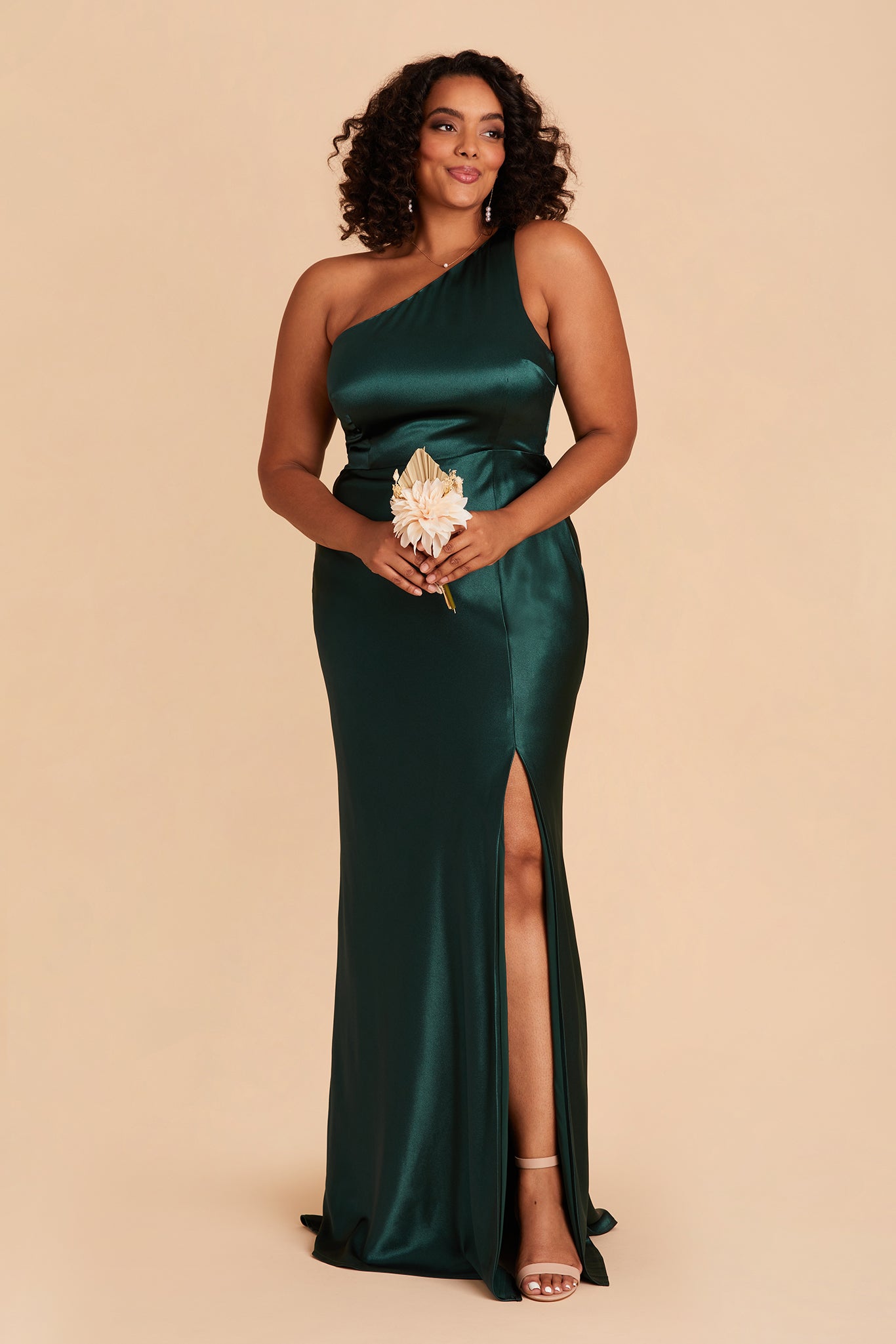 Kira plus size bridesmaid dress with slit in emerald satin by Birdy Grey, front view