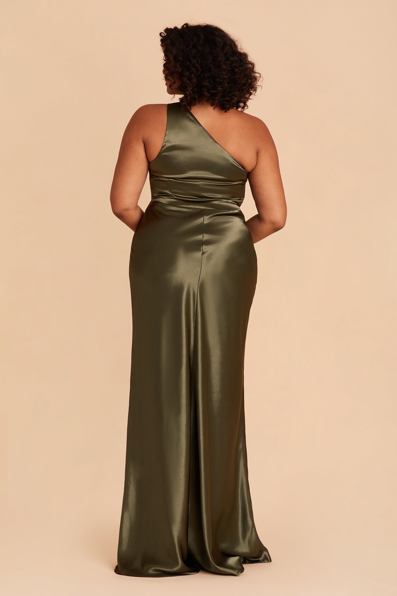 Kira plus size bridesmaid dress with slit in olive satin by Birdy Grey, back view