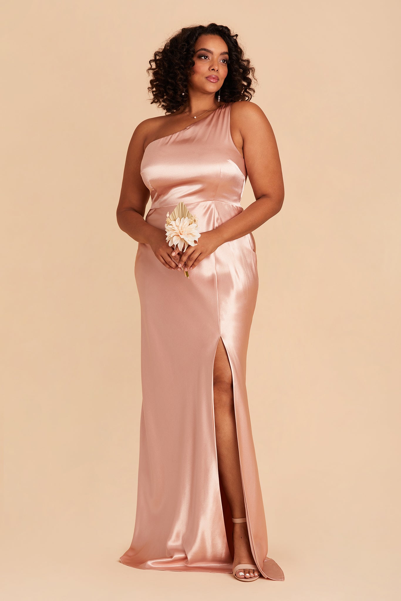 Kira plus size bridesmaid dress with slit in rose gold satin by Birdy Grey, front view