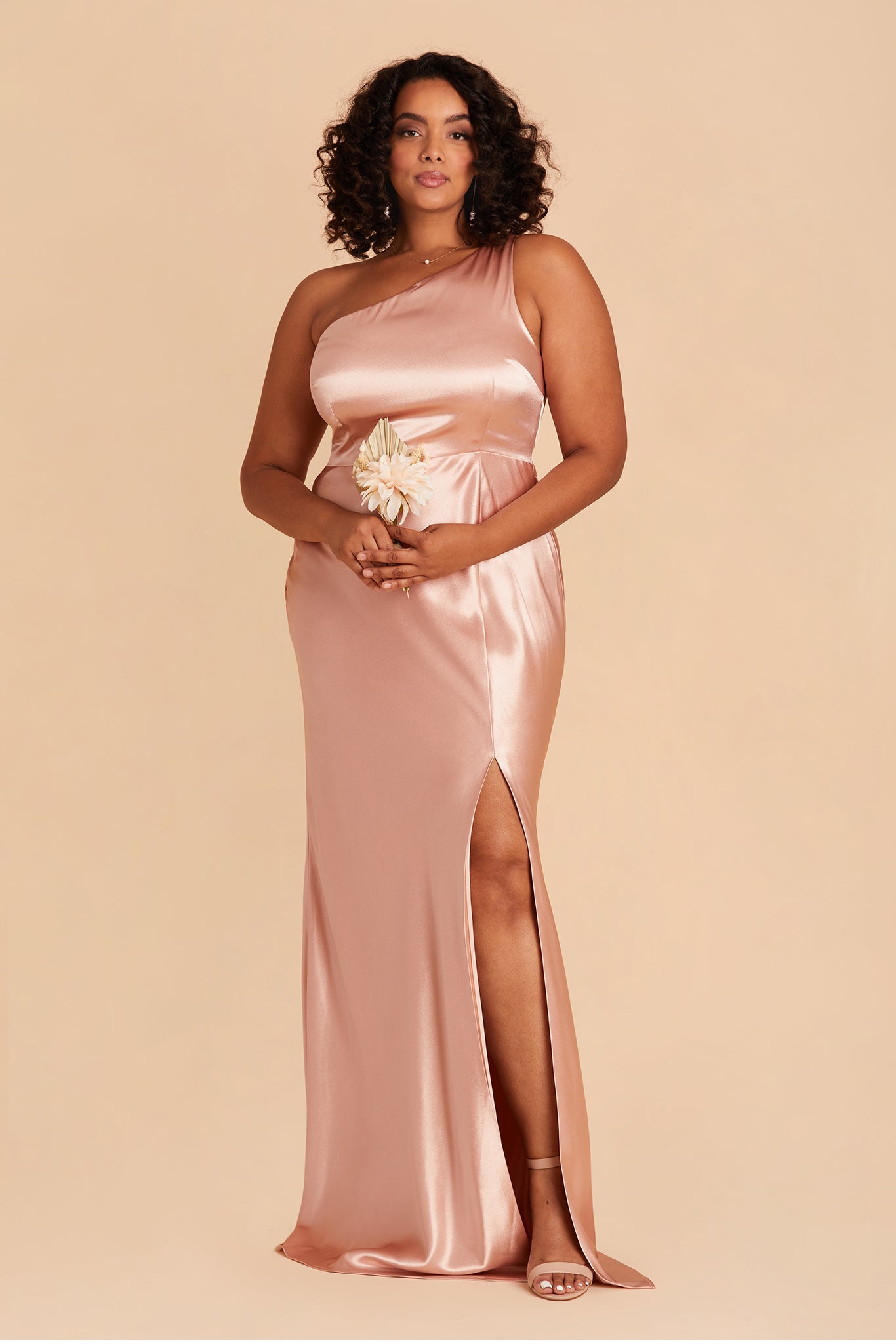 Kira plus size bridesmaid dress with slit in rose gold satin by Birdy Grey, front view