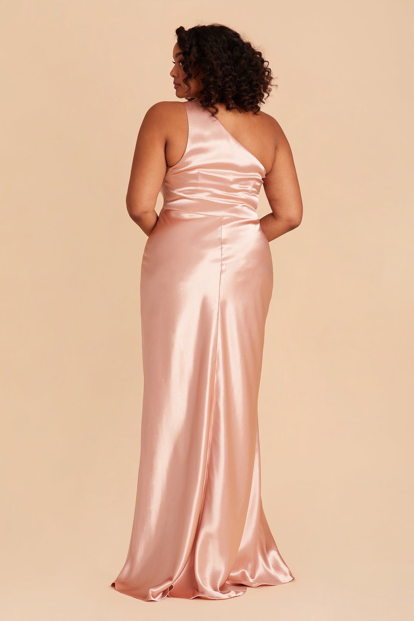 Kira plus size bridesmaid dress with slit in rose gold satin by Birdy Grey, back view
