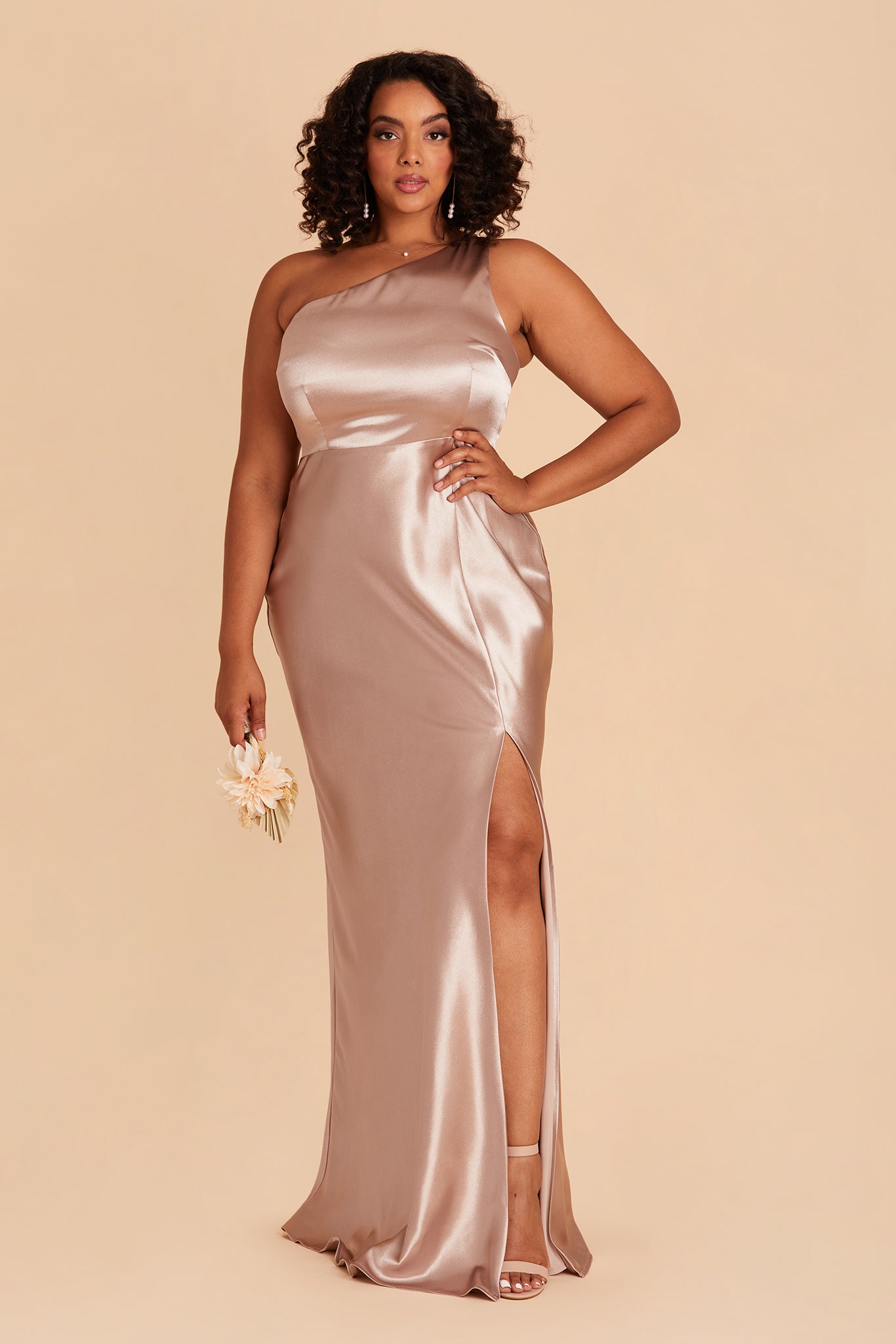 Kira plus size bridesmaid dress with slit in taupe satin by Birdy Grey, front view
