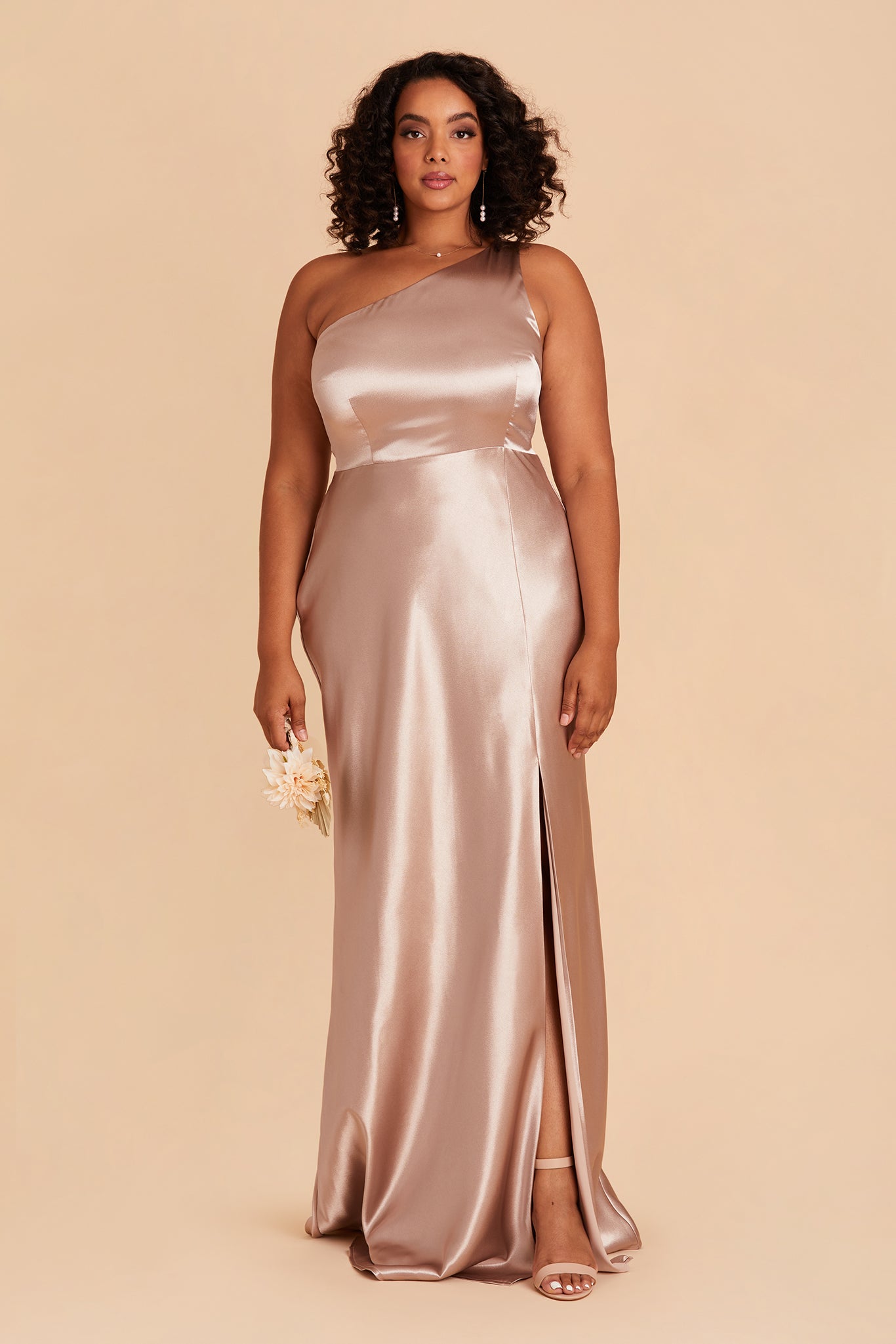 Kira plus size bridesmaid dress with slit in taupe satin by Birdy Grey, front view