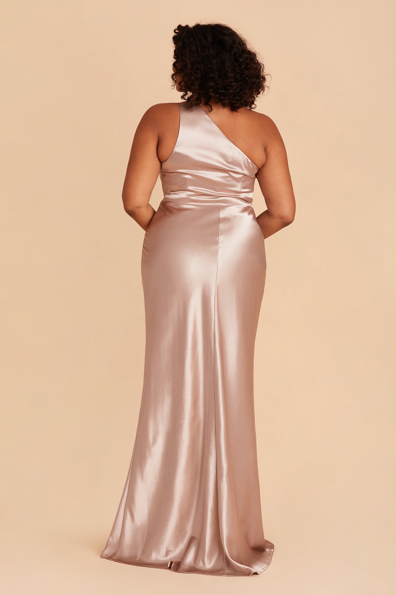 Kira plus size bridesmaid dress with slit in taupe satin by Birdy Grey, back view