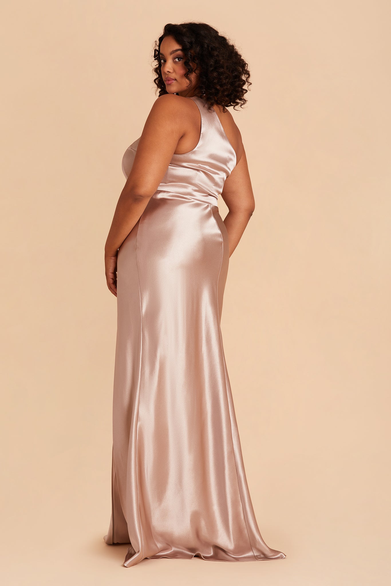Kira plus size bridesmaid dress with slit in taupe satin by Birdy Grey, side view