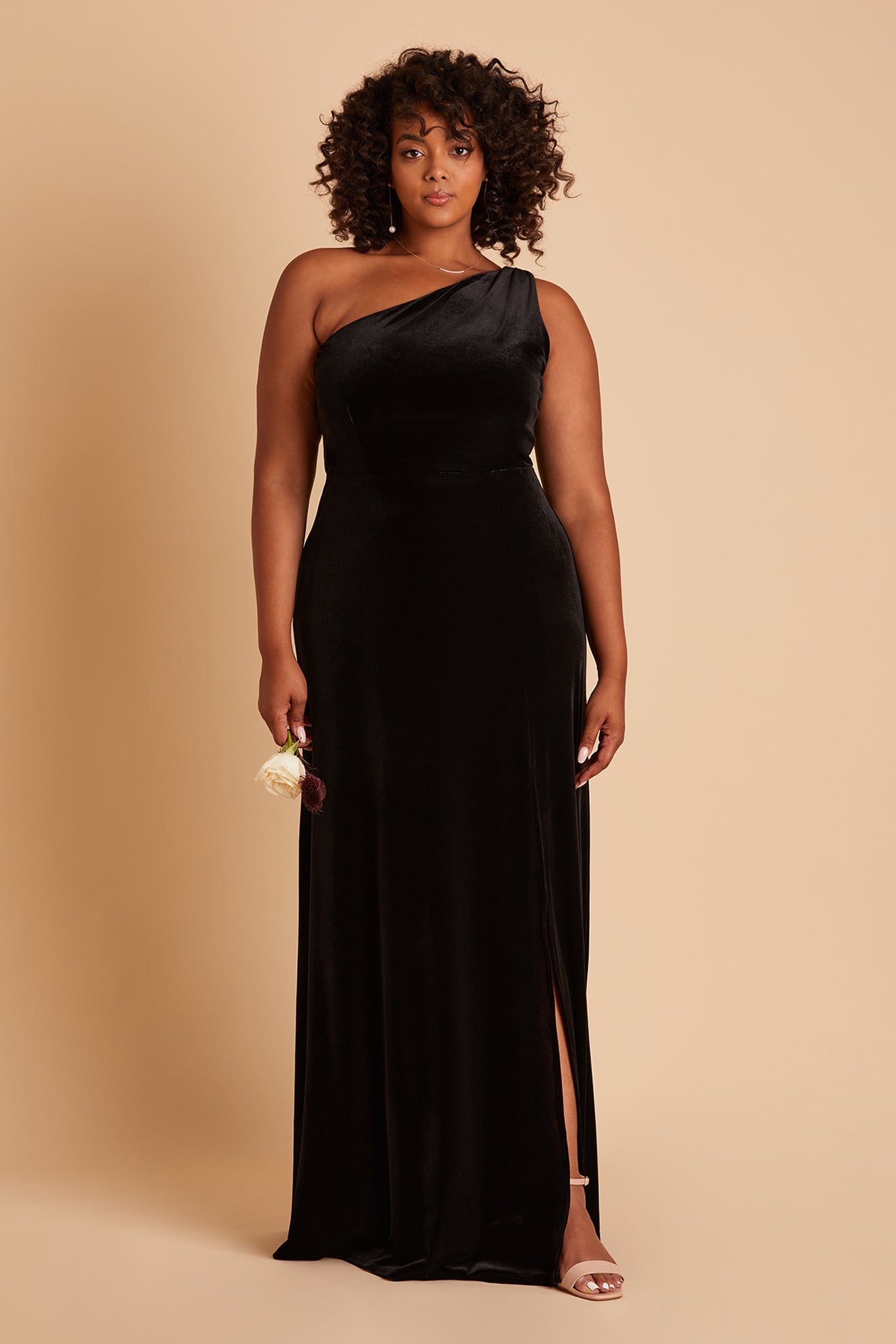 Kira plus size bridesmaid dress with slit in black velvet by Birdy Grey, front view
