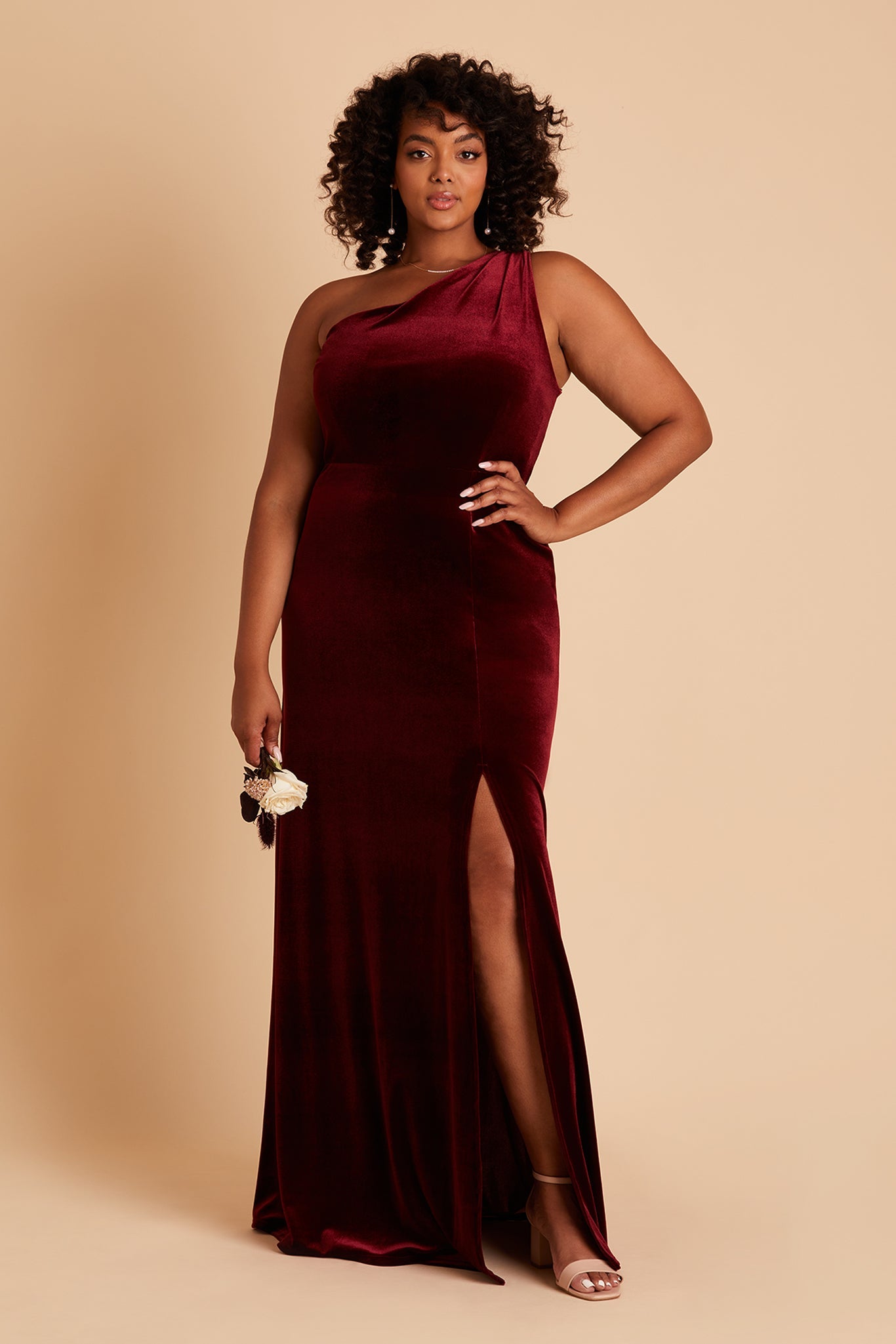 Kira plus size bridesmaid dress with slit in cabernet velvet by Birdy Grey, front view
