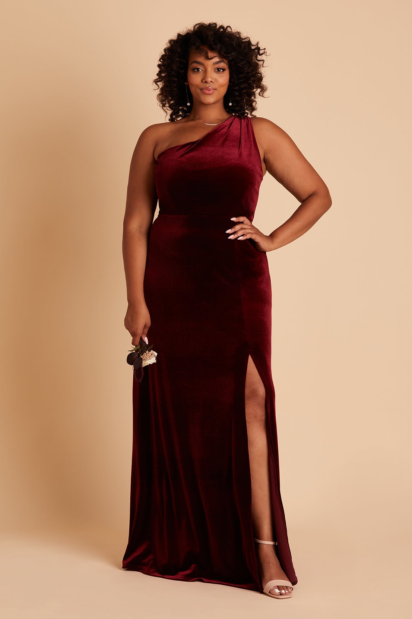Kira plus size bridesmaid dress with slit in cabernet velvet by Birdy Grey, front view