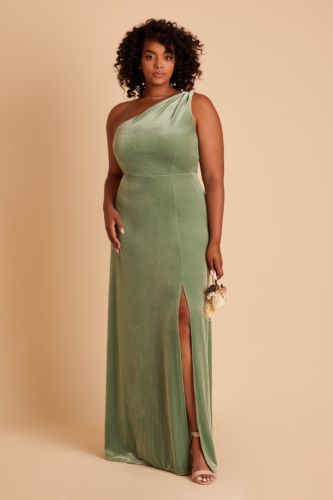 Kira plus size bridesmaid dress with slit in dark sage velvet by Birdy Grey, front view