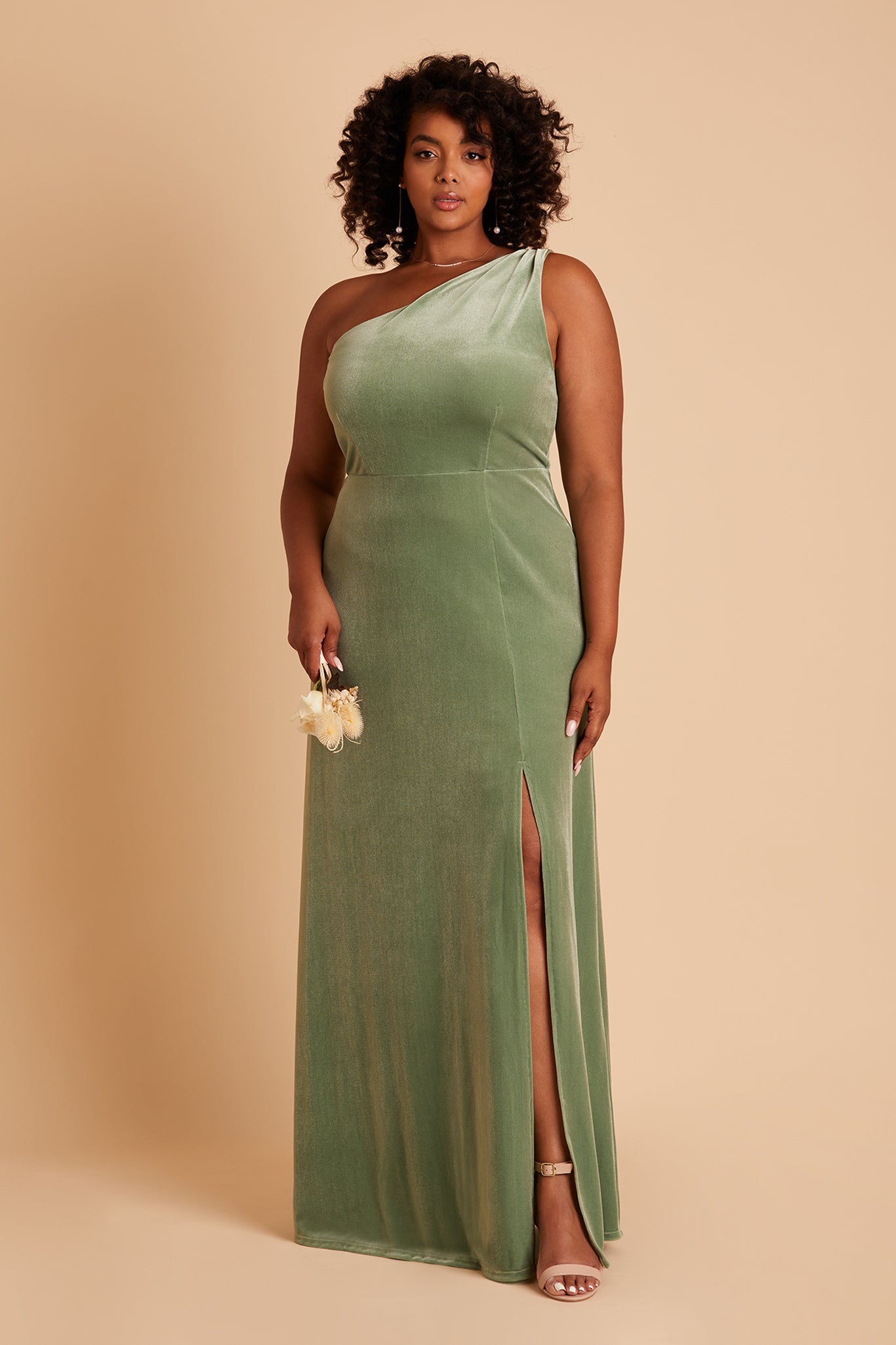 Kira plus size bridesmaid dress with slit in dark sage velvet by Birdy Grey, front view