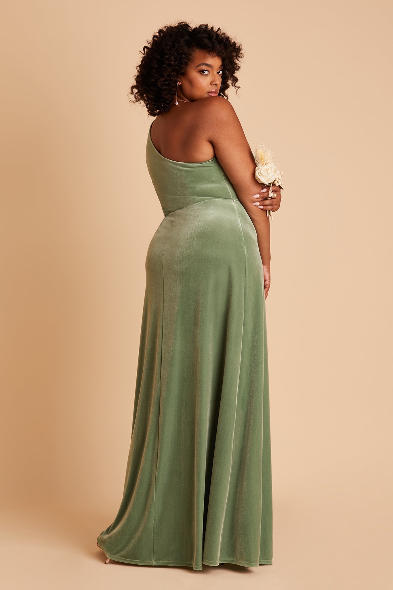 Kira plus size bridesmaid dress with slit in dark sage velvet by Birdy Grey, back view