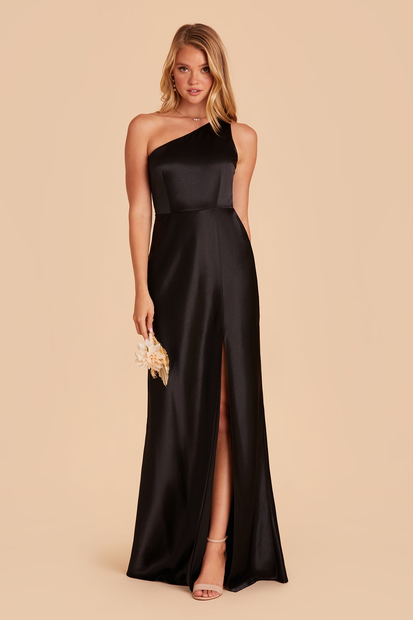 Kira bridesmaid dress with slit in black satin by Birdy Grey, front view