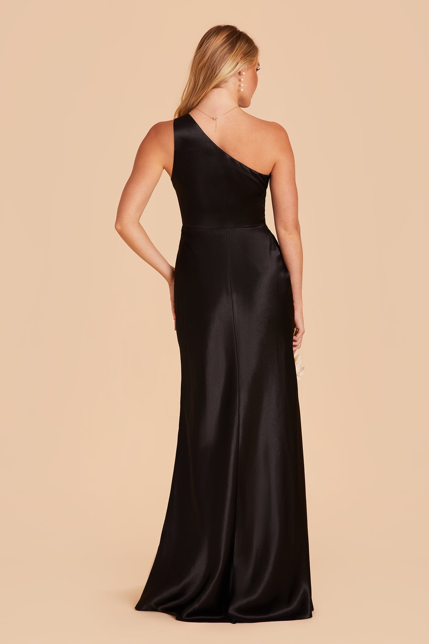 Kira bridesmaid dress with slit in black satin by Birdy Grey, back view